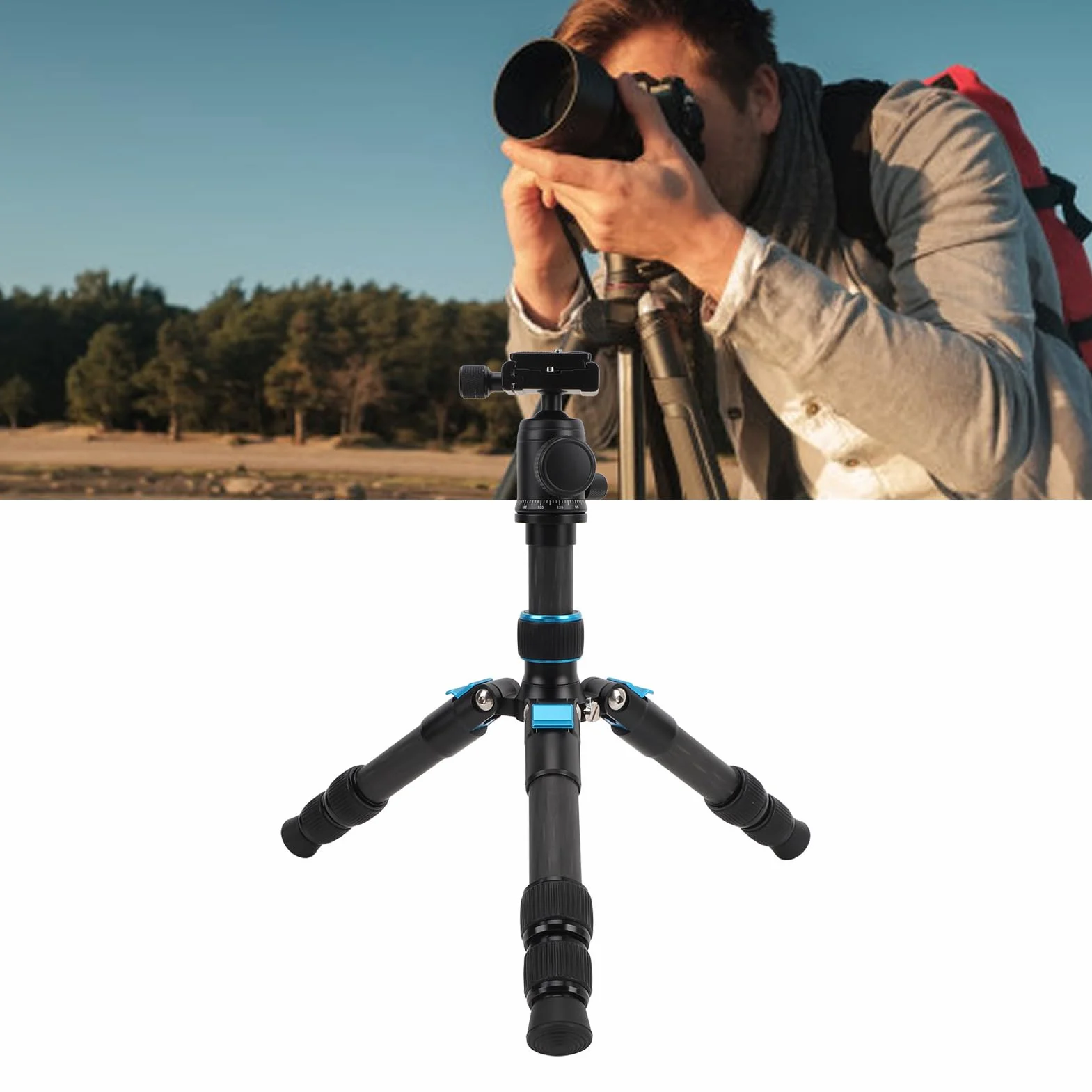 Statyw do Aparatu Stacjonarnego Akozon, Wysuwany Otwór na śrubę 1/4 Cala z Włókna Węglowego z głowicą kulową 360° do Płytki Arca QR z poziomicą Mini Statyw do Aparatu DSLR