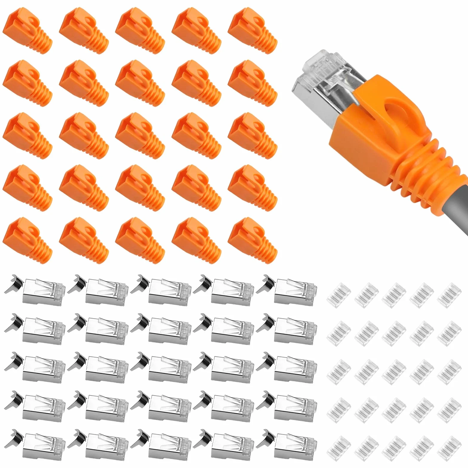 25 szt. wtyków RJ45 CAT 7 CAT 6A, wtyczka sieciowa cat7 ze wspomaganiem nawlekania i ochroną przed zagięciem, wtyczka lan do kabla AWG23 POE, wtyczka modułowa Cat7 wtyczka zaciskowa do przełączników