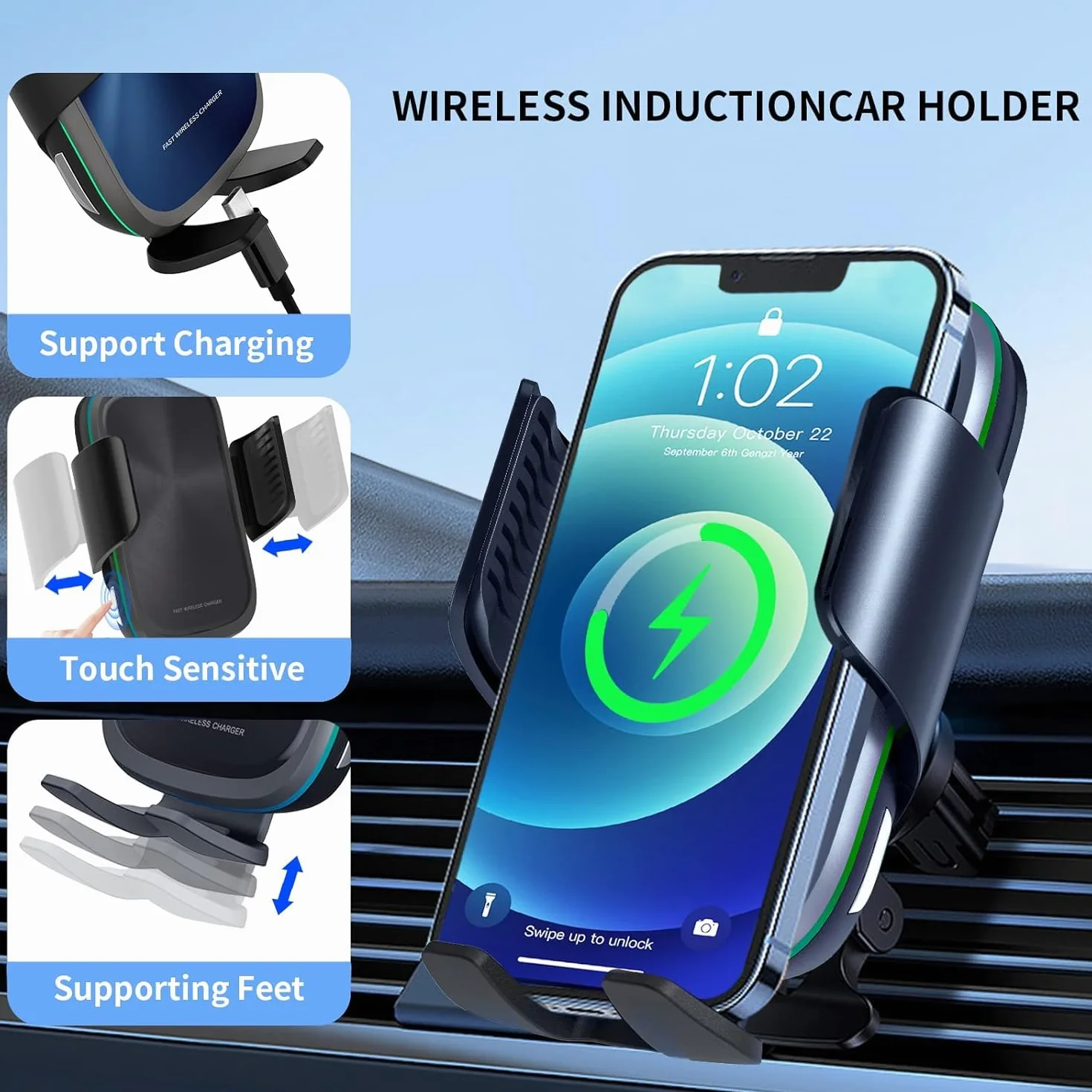 Samochodowy uchwyt na telefon z ładowarką Qi 15 W do iPhone Samsung Huawei Xiaomi LG