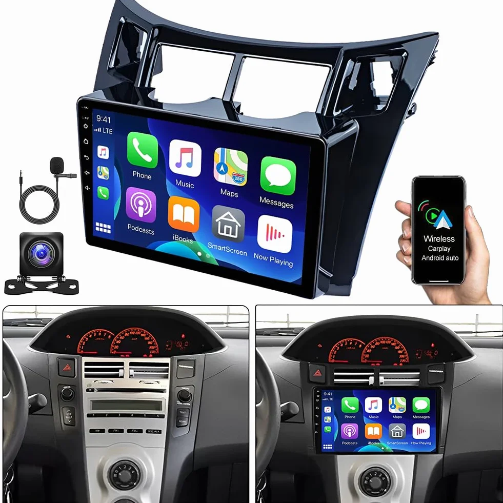 BYNYXI 9 cali 4 GB + 64 GB bezprzewodowy i przewodowy Android auto CarPlay dla Yaris XP90 2005-2012, Android 14 nawigacja GPS WIFI Bluetooth sterowanie głosem widok z tyłu samochodowy ekran stereo
