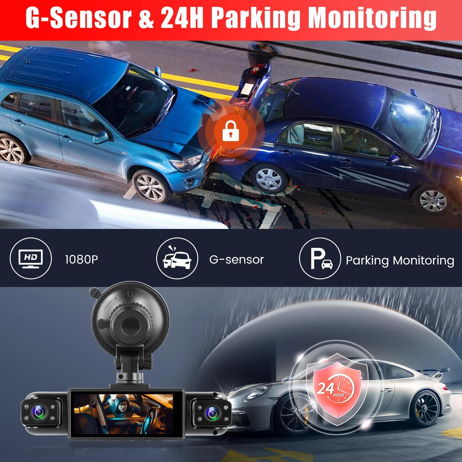 1080P Dash Cam 360 stopni 4 kanały ekranu 3,16 cala | Dashcam z kartą SD 64G G czujnik, kamera cofania, tryb parkowania 24H, noktowizor, nagrywanie w pętli