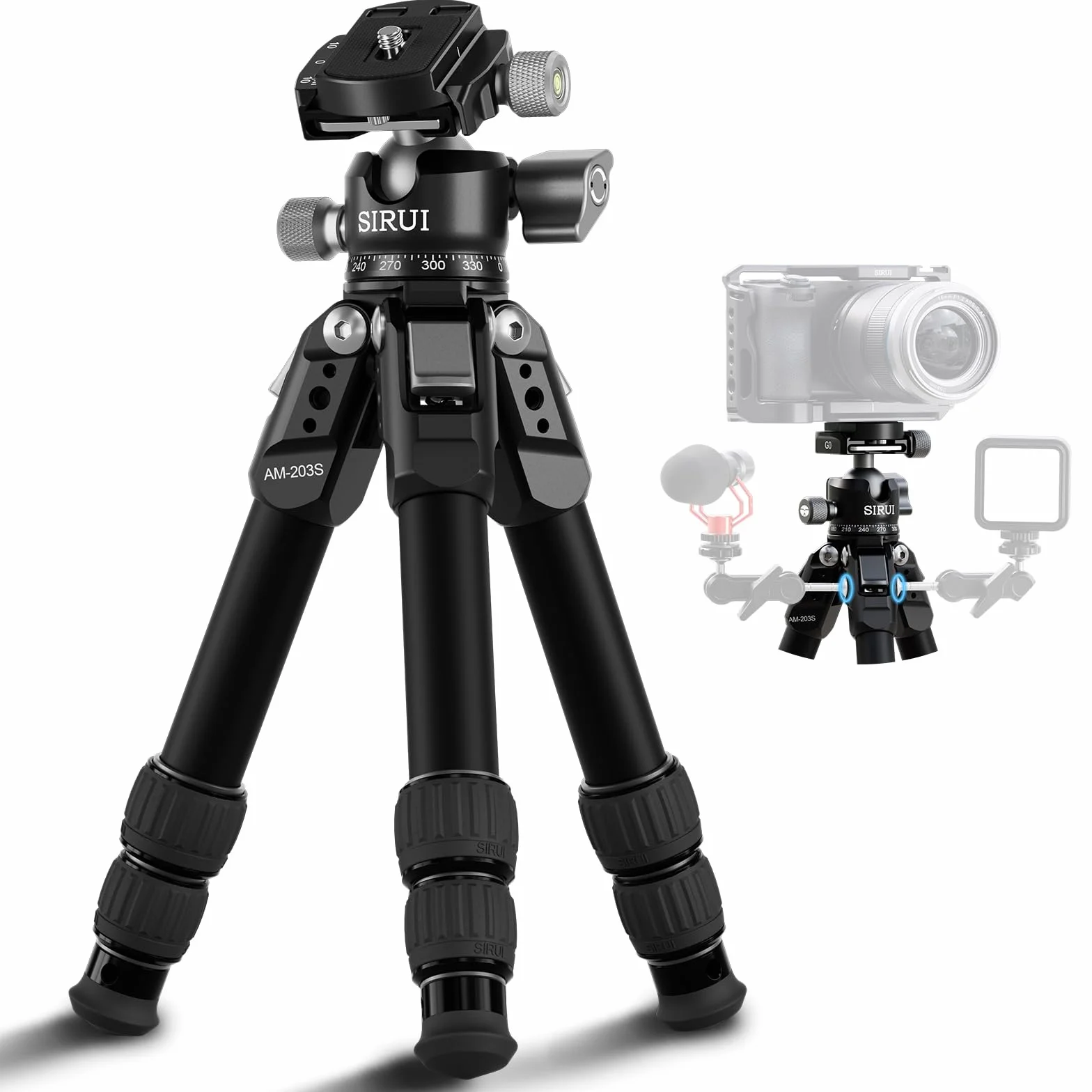 SIRUI AM-203S+G0 statyw ze stopu aluminium z głowicą kulową 360° G0, lekki statyw o wysokiej wytrzymałości do lustrzanek cyfrowych i aparatów bezlusterkowych, kompaktowa konstrukcja z maksymalną