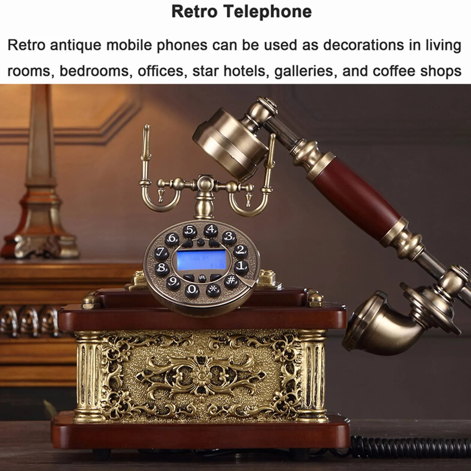 WangXLDD Telefon vintage antyczny telefon biurowy, klasyczny telefon przewodowy z przyciskiem z wyświetlaczem LCD, do domu, biura, hotelu, dekoracja