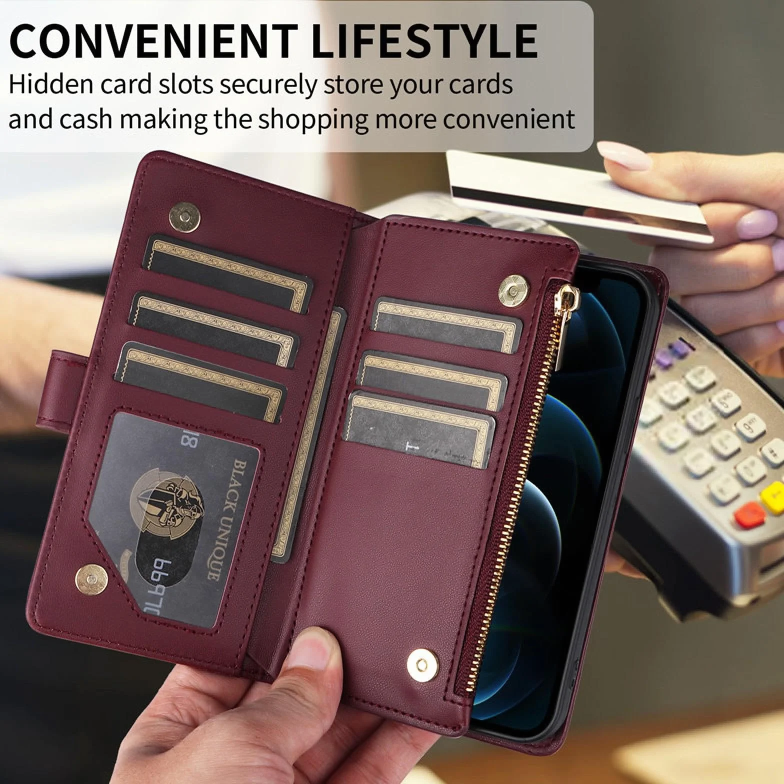 Do iPhone'a 16 Pro Max Crossbody Skórzany Portfel Zapinany Na Zamek Etui na Karty Telefony Smycz Klapka (Do iPhone'a 16 Pro Max/Czerwony)