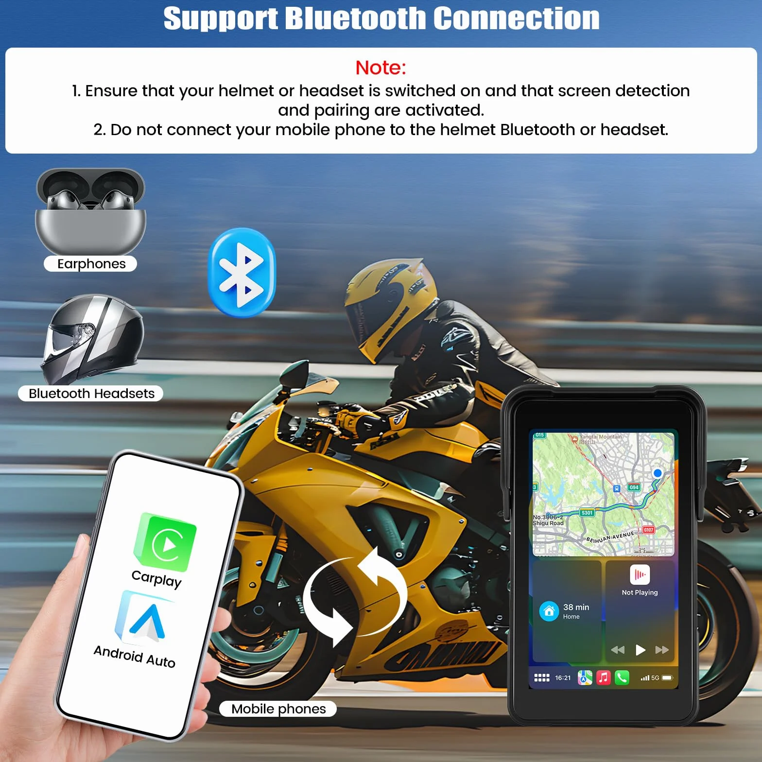 [2026 CARPLAY] CAMECHO 5-calowy pionowy ekran dotykowy bezprzewodowy CarPlay dla motocykli z Android Auto bezprzewodowym GPS IP68 Bluetooth i regulacją EQ dla uniwersalnych motocykli