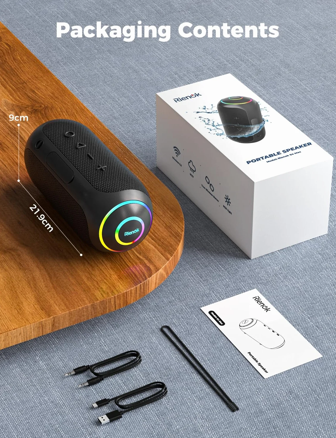 RIENOK 40 W – potężny głośnik Bluetooth, wodoodporność IPX7, bateria 5200 mAh, głośnik wysokotonowy i niskotonowy Bluetooth 5.3, przenośne bezprzewodowe parowanie stereo, obsługa karty TF i AUX