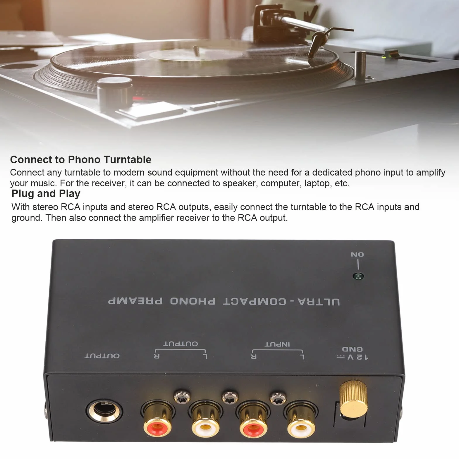 Phono przedwzmacniacz do gramofonu, PP400 Phono wzmacniacz do gramofonu z niezależnym sterowaniem przyciskiem Phono Preamp, wejście i wyjście audio stereo (wtyczka EU)