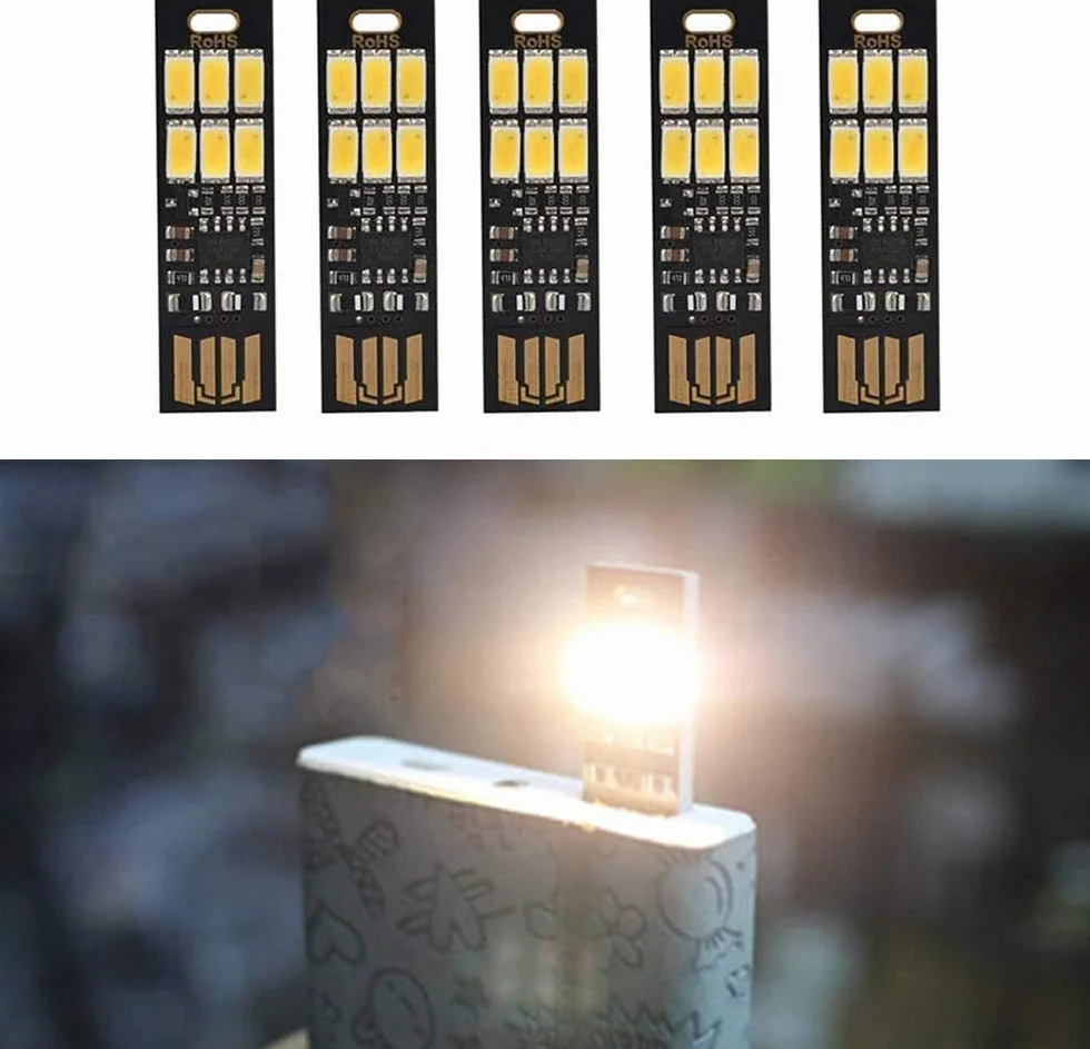 Yizhet 5 x przenośna lampka nocna USB mini kieszonkowa lampa na karty 6 diod LED lampka nocna brelok USB zasilanie światło 1 W 5 V ściemniacz dotykowy (Wam White)