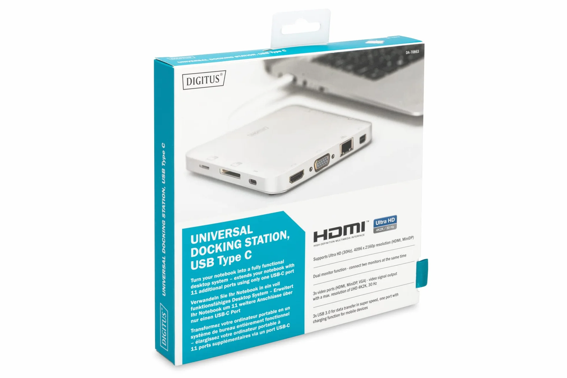 DIGITUS USB-C Multisportowa Stacja Dokuj?ca - 11 Portów - HDMI, mDP, VGA (4K@30Hz) - USB 3.0 / 2.0, Type-C - RJ45 LAN, Jack Audio, Czytnik Kart - Srebrny