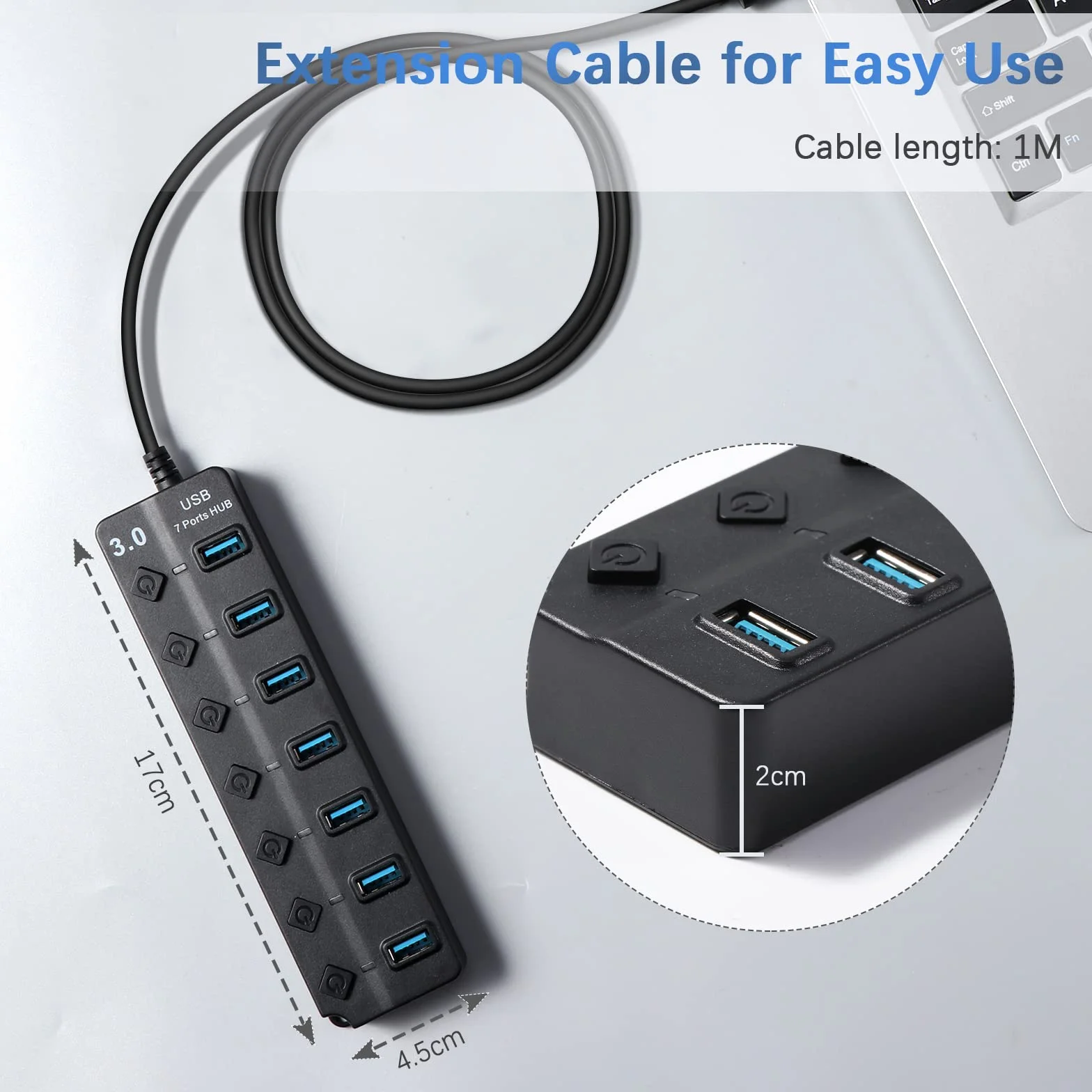 Hoppac Hub 7 w 1 z 1 USB 3.0 i 6 USB 2.0, Adapter Multiple do PC z Niezależnym Przełącznikiem i Wskaźnikiem LED, Długość Linii 1 m