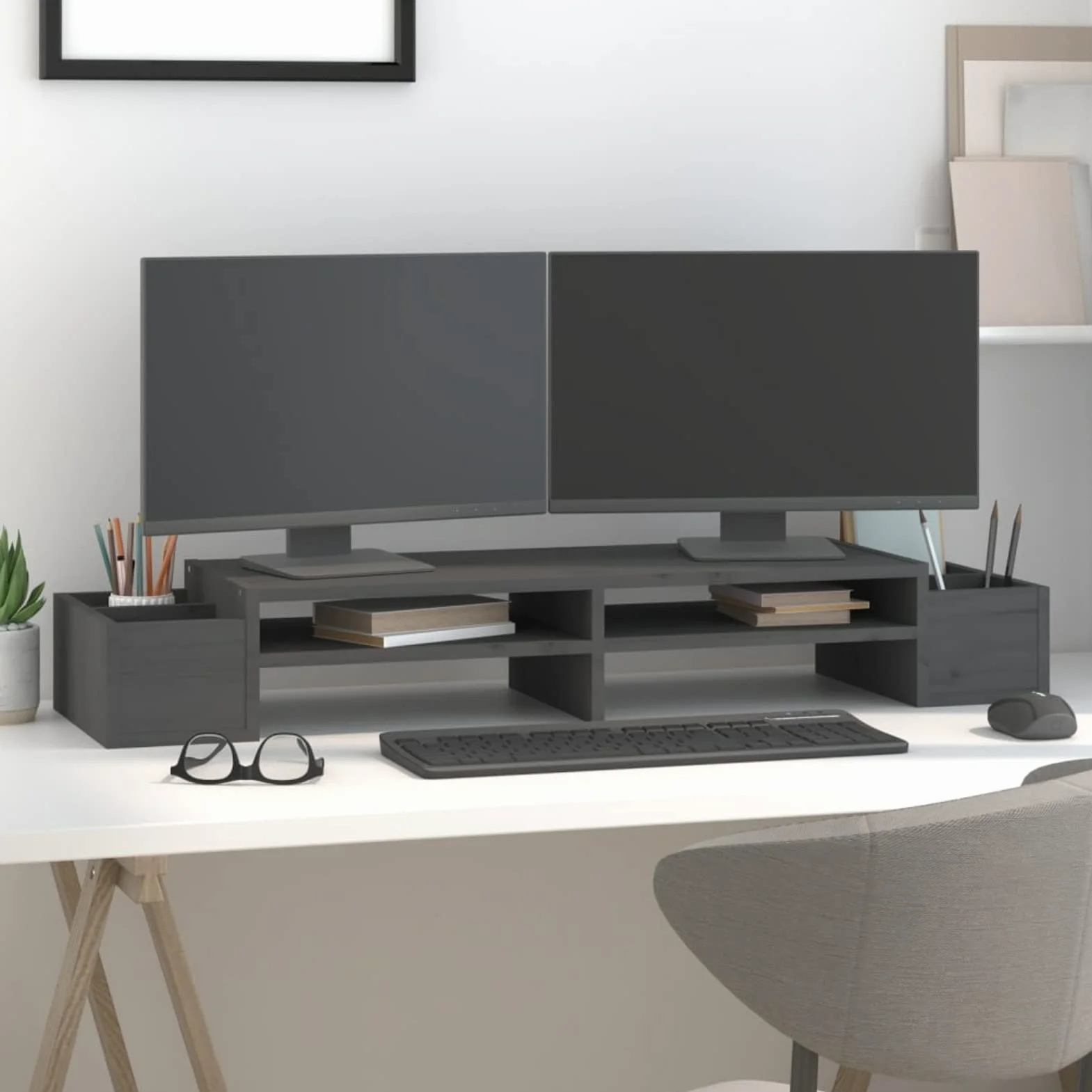 ShGaxin Stojak na monitor, stojak na ekran komputera, stojak na monitor biurko, akcesoria biurowe, akcesoria biurkowe, podstawa monitora, lite drewno sosnowe szare 100 x 27,5 x 15 cm