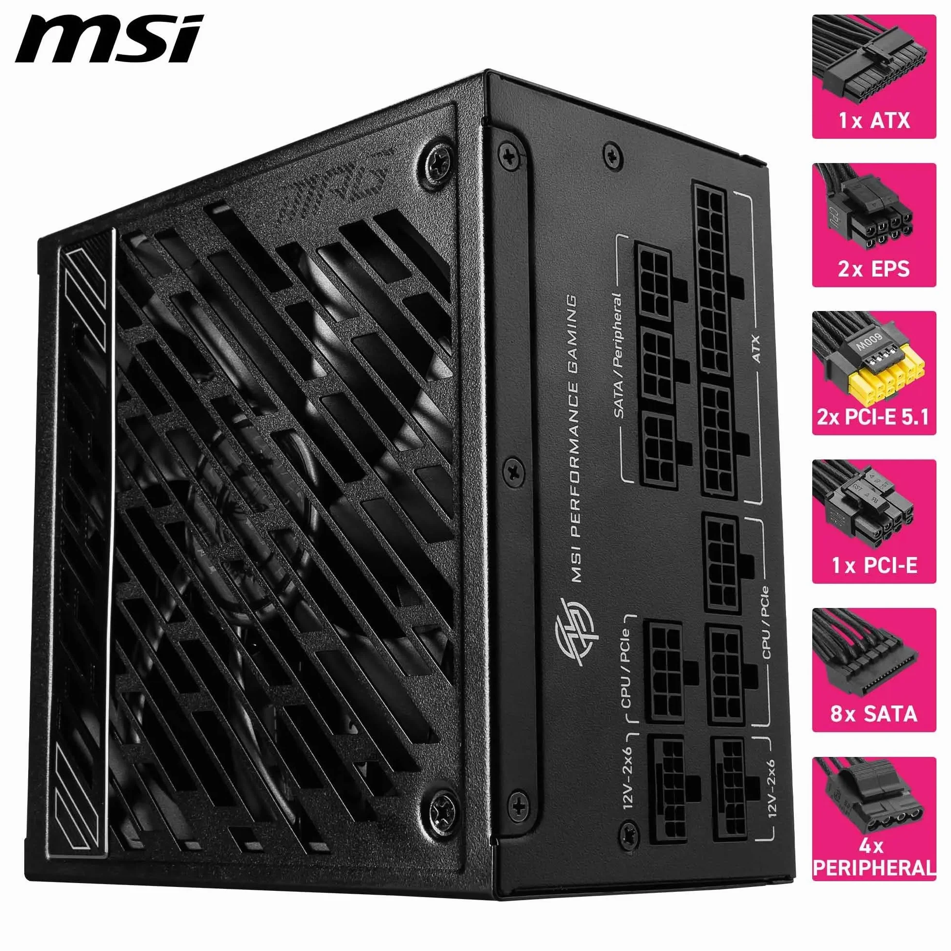 MSI MPG A1250GS PCIE5 zasilacz sieciowy, 1250 W, 80 Plus Gold, ATX 3.1, PCIe 5.1 obsługa GPU, Dual-Native 12 V-2 x 6, modułowy kabel z dwukolorowymi złączami 12 V-2 x 6, zasilacz ATX