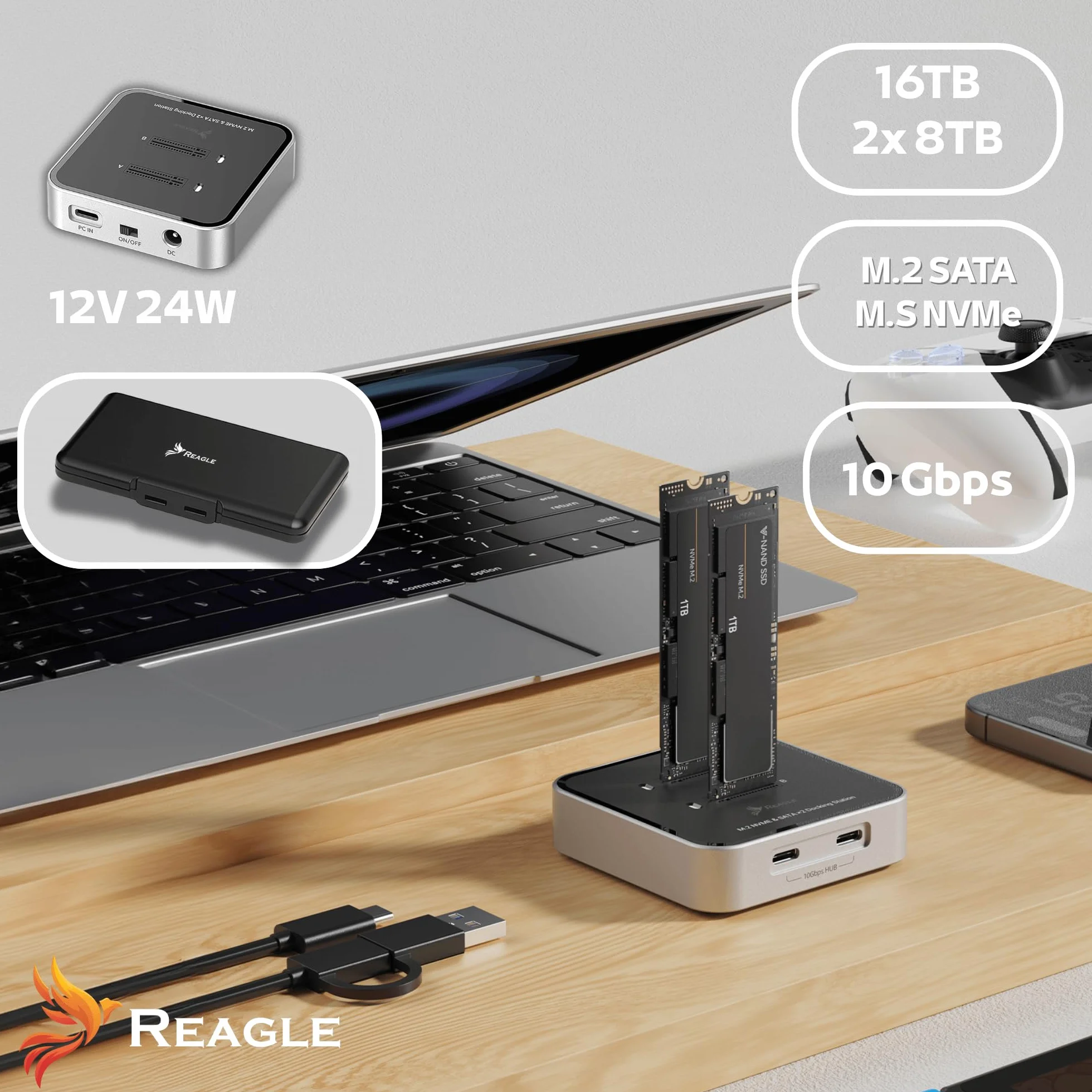 Reagle Dual M.2 NVMe SATA stacja dokująca, USB-C 3.2 Gen2 10 Gbit/s, 2 × M.2 SSD jednocześnie, wsparcie 16 TB, aluminiowa obudowa, klucz M i B+M Key, Plug & Play, w zestawie kabel USB-A/USB-C
