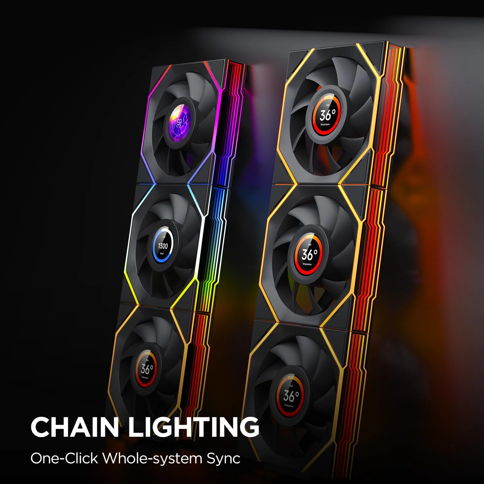 TZMRIT Interstellar-V4 LCD Daisy Chain RGB PC wentylator 120 mm, 1,5" LCD/24 diody LED/2100 RPM/61,54 CFM/28 mm (Black Revers)