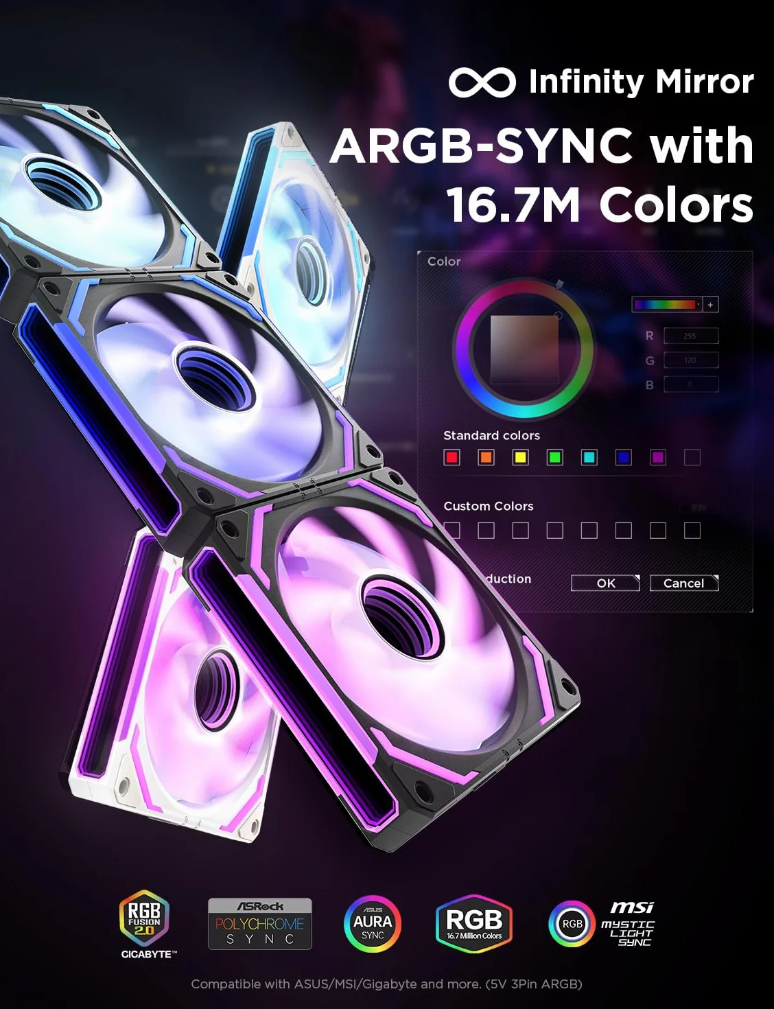 AsiaHorse COSMIQ wentylator do komputera RGB 120 mm, wentylator obudowy 3 sztuki, ARGB Daisy Chain PC wentylator [Infinity Mirror] [FDB] 2000 RPM/68,5 CFM/24 diody LED 4 piny PWN i 5 V 3-pinowe ARGB z