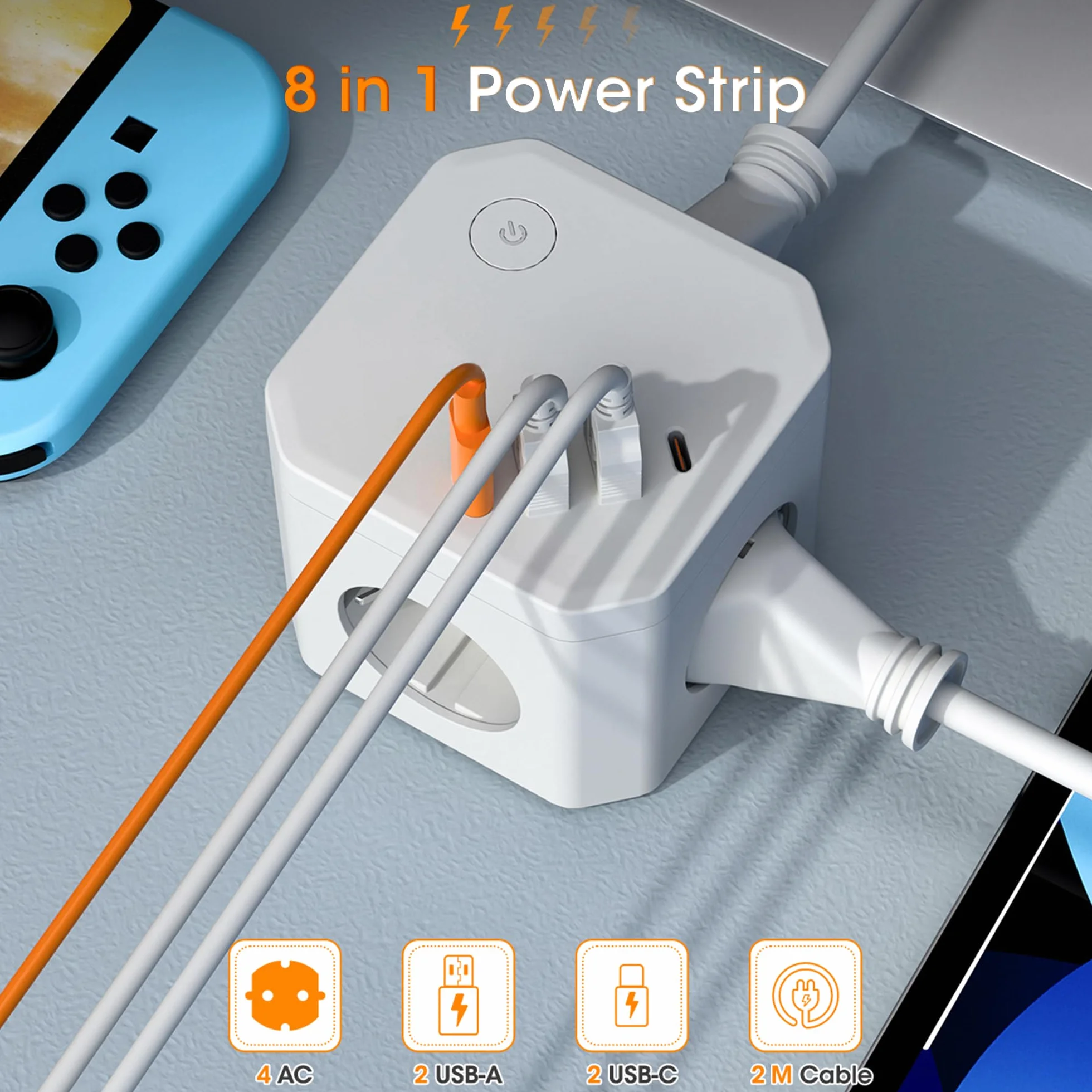 Listwa zasilająca 8 w 1 z 4 gniazdami USB, szybkim ładowaniem USB C 20 W, zabezpieczeniem przeciwprzepięciowym, mocą 4000 W i kablem przedłużającym 2M