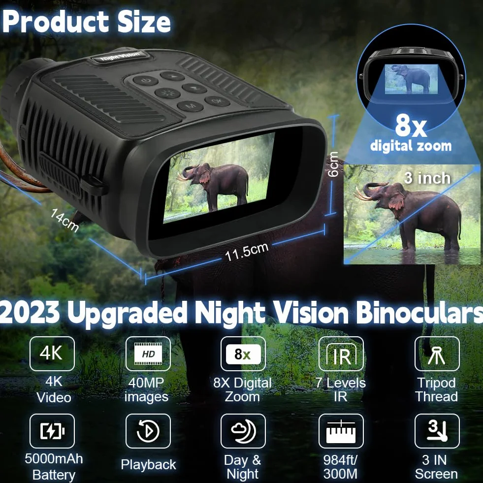 Vicloon Gogle noktowizyjne, lornetka noktowizyjna na podczerwień 4K, lornetka termiczna 5000 mAh, ładowalna lornetka termiczna z kartą 32 GB, 8-krotny zoom cyfrowy i wykrywanie ruchu zapobiegającego