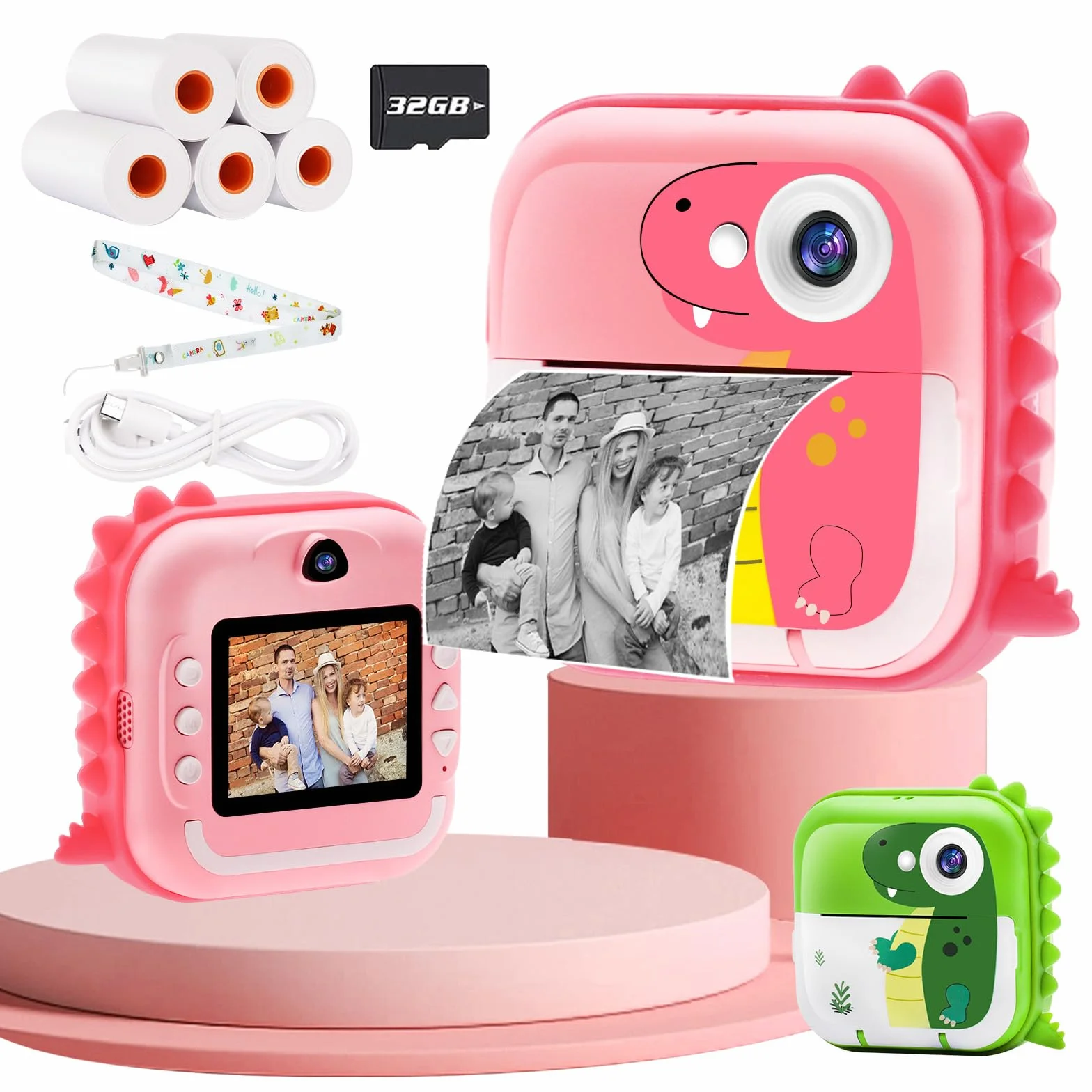 TOYOGO Kamera natychmiastowego wydruku dla dzieci, bez tuszu, 2,4-calowy ekran LCD, 1080P & 12 MP, kamera cyfrowa z funkcją powiększenia, podwójny obiektyw, karta 32 GB, papier do druku w rolkach