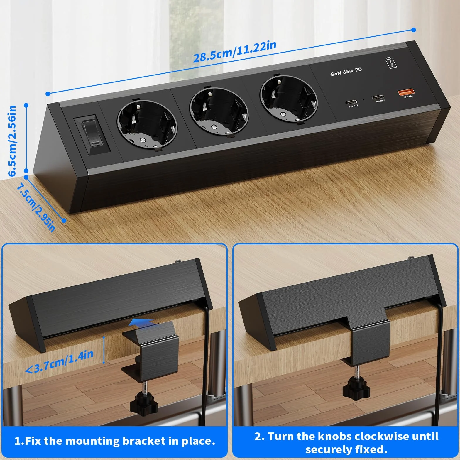 Gniazdo wtykowe stołowe z USB-C PD 65 W GaN, 3-krotna listwa zasilająca na biurko, listwa zasilająca do zaciskania z aluminiową obudową, do biura i domowego biura, 25 W USB-A, kabel 3 m, czarne