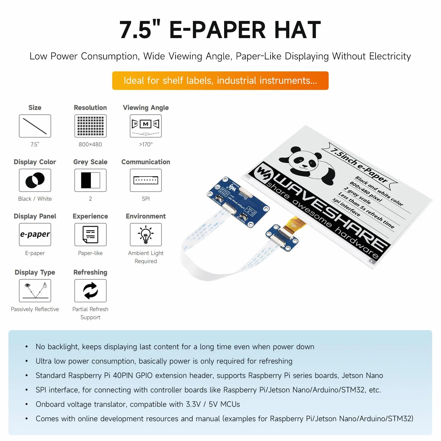 LUCKFOX 19.1 cm e-papier z płytką drukowaną, ekran 800 x 480 pikseli, charakteryzuje się niskim zużyciem energii, szeroki kąt widzenia 170°, wyraźny wyświetlacz, do maliny/Jetson