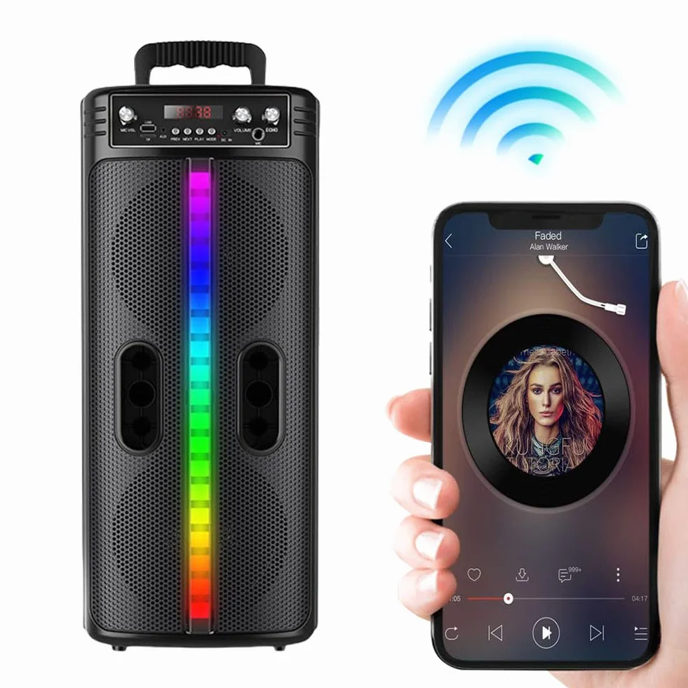 Głośnik Bluetooth ze zdalnym mikrofonem, podwójny subwoofer stereo system dźwiękowy, radio FM, kolorowe światła, przenośna podróż na świeżym powietrzu