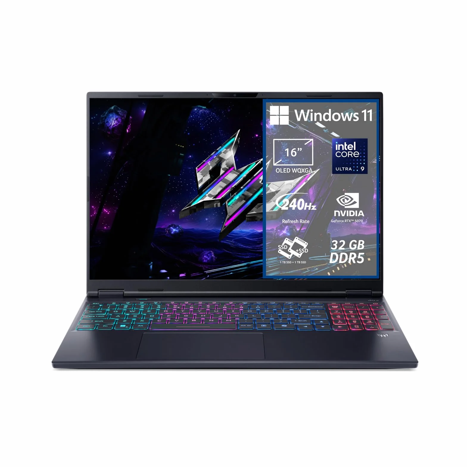 acer Predator Helios Neo 16S AI PHN16S-71-976U do gier do notebooków, NVIDIA GeForce RTX 5070 8 GB GDDR7, Intel Core Ultra 9 275HX, pamięć RAM 32 GB DDR5, 2 TB SSD, wyświetlacz 16" OLED 240 Hz DDS