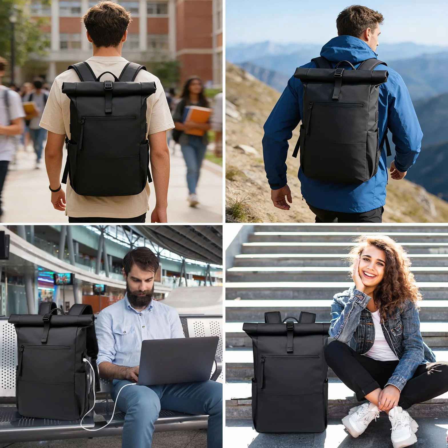 plecak damski, męski, zwijany, duży plecak na laptopa, wodoodporny z kieszenią na komputer 16 cali, plecak szkolny, wodoodporny plecak podróżny, bagaż podręczny, do samolotu, do pracy, w podróż