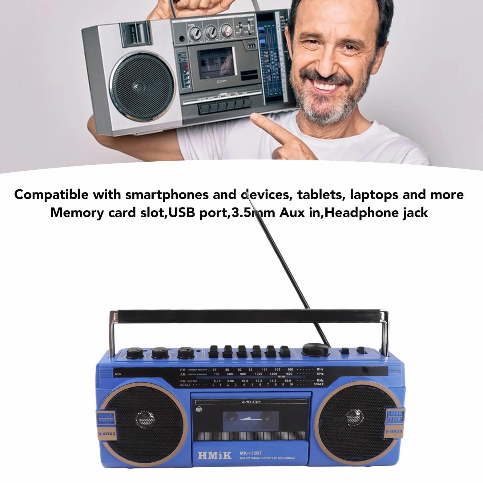 Odtwarzacz kasetowy, retro magnetofon w stylu vintage, złącze USB, gniazdo słuchawkowe, radio AM FM SW, gniazdo na kartę pamięci, wielofunkcyjny bezprzewodowy odtwarzacz kasetowy do