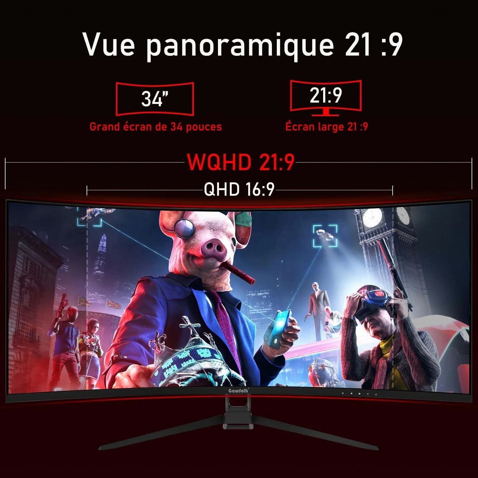 Gawfolk Ultra duży ekran PC 34 cale 1500R zakrzywiony 144 Hz monitor komputerowy do gier, 21:9 UWQHD (3440 x 1440), adaptacyjna synchronizacja, HDR, 178°, kąt widzenia, DisplayPort, HDMI, VESA 75 x 75