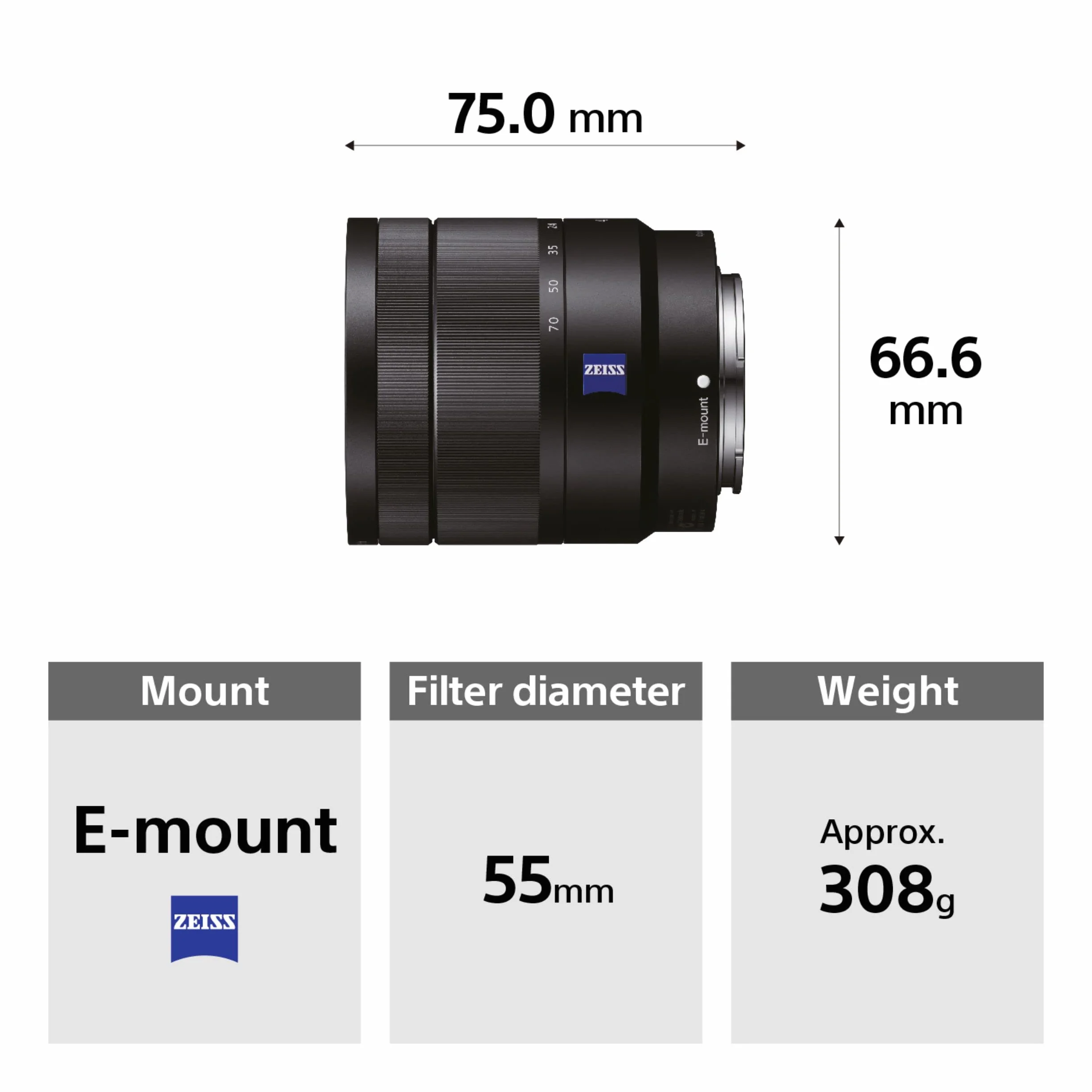 Sony E 16-70 F4 ZA OSS, obiektywy standardowy typu zoom z mocowaniem typu E, dedykowany do matryc APSC, stabilizacja optyczna, czarny, (SEL1670Z)