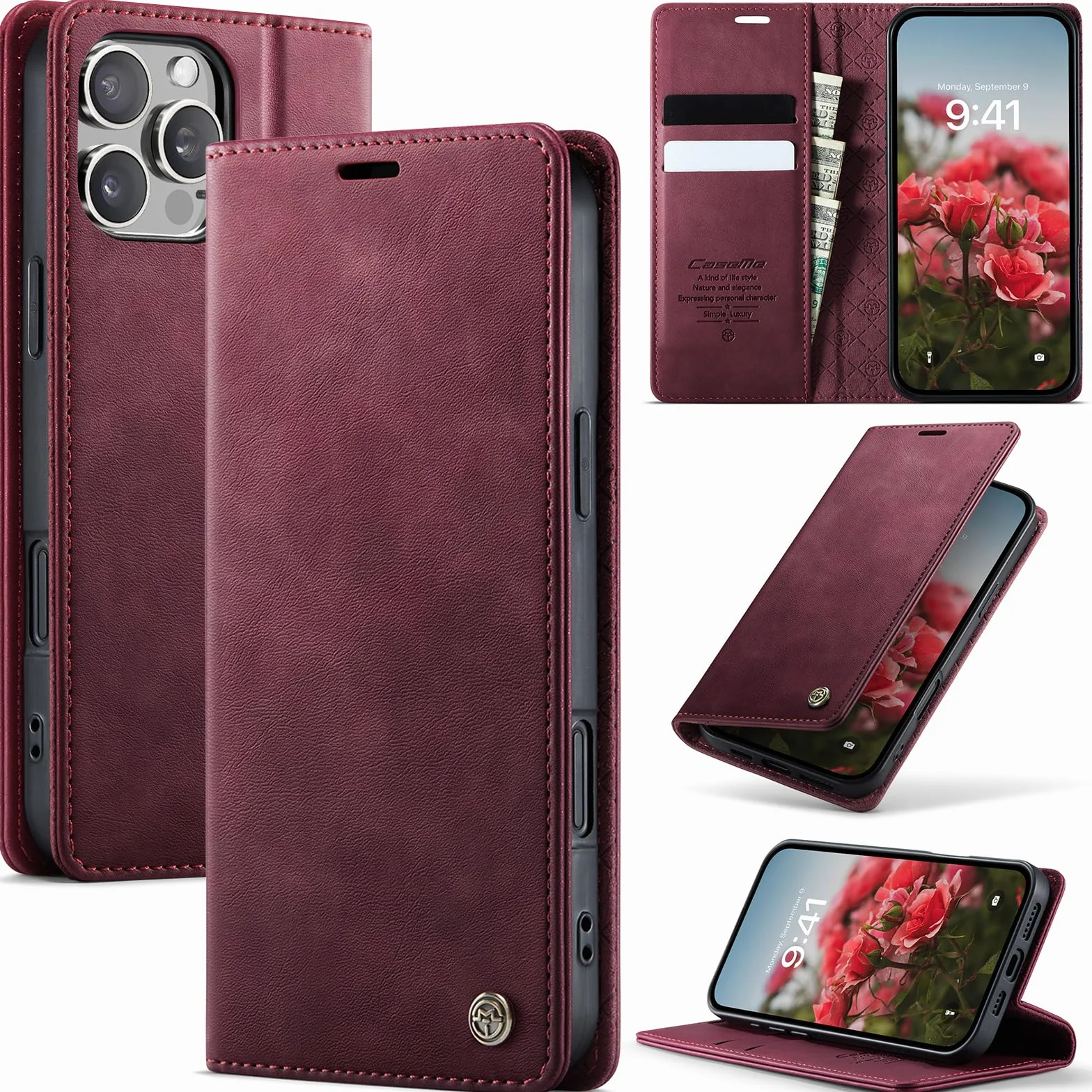 Etui Portfelowe do iPhone 16 Pro z Klapką Etui ze Skóry PU Premium Portfel Przegródki na Karty Mgnetyczne Funkcja Stojaka, Blokada RFID, Etui na Telefon iPhone 16 Pro, Czerwony