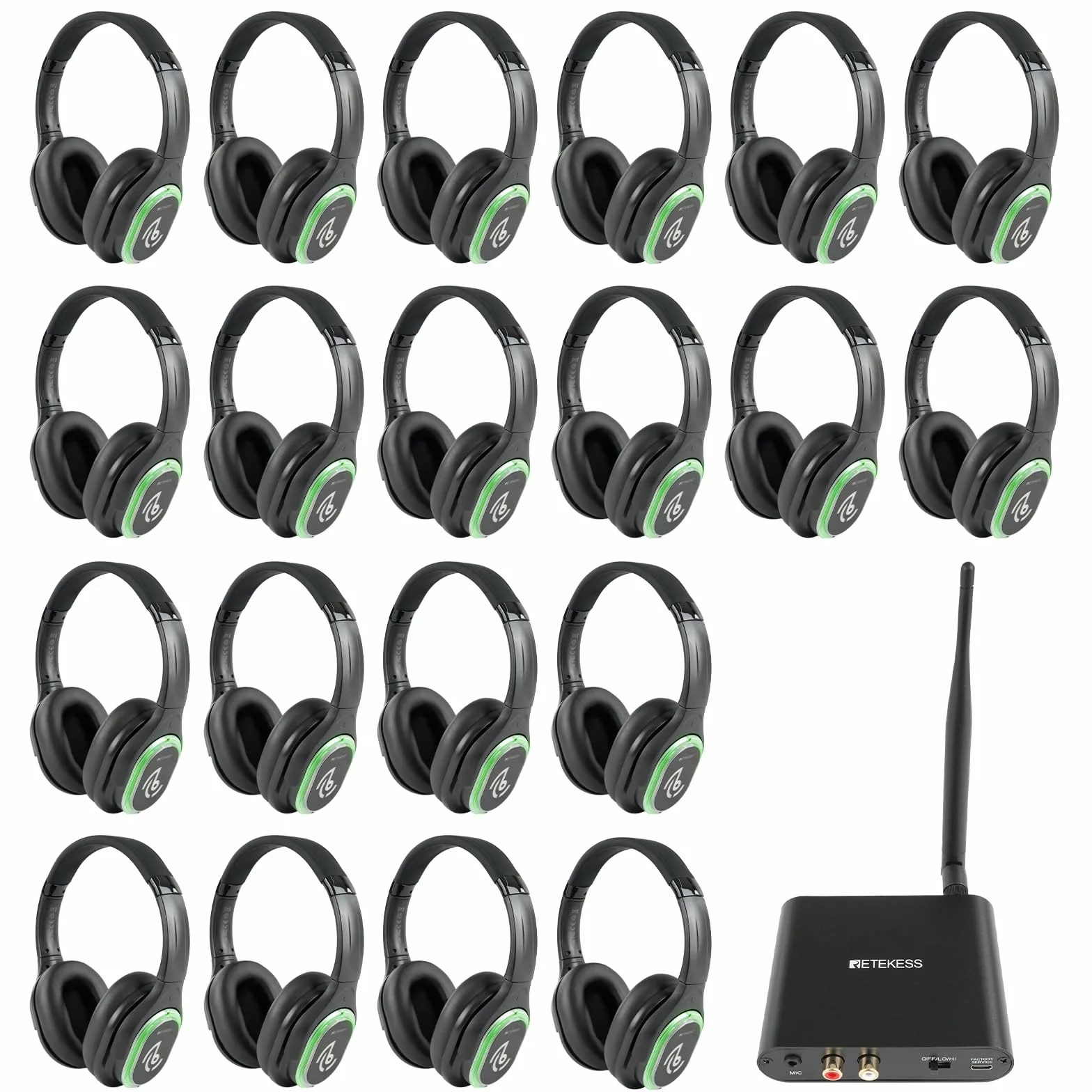 Retekess TA004 Silent Disco Bezprzewodowe Słuchawki (1-20) | na Imprezy, do Telewizji, 3 wybieralne kanały, zasięg 200m, 10 sztuk słuchawek, kompletny zestaw startowy