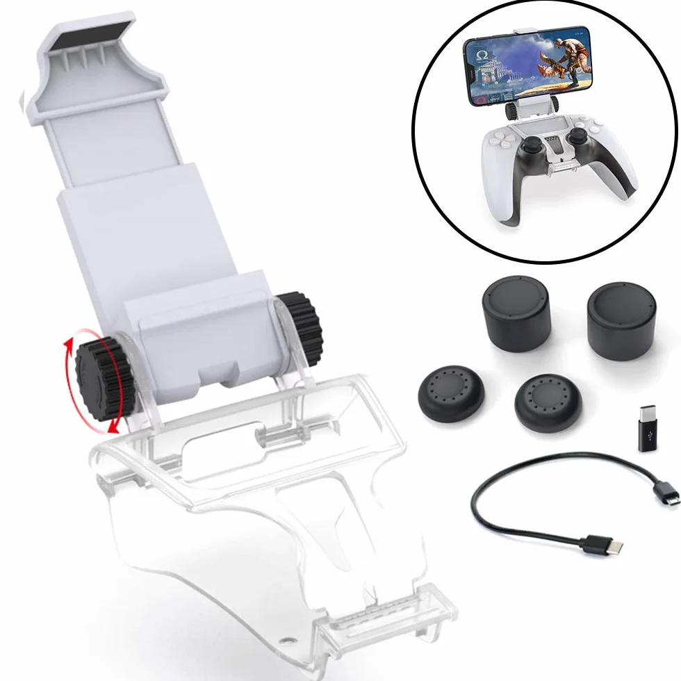 Megadream Gaming Mount Clip dla PS5 Kontroler Telefonu, Stojak dla PlayStation 5 Controller z PS Remote Play, Kabel OTG, 4 Grip Caps, Type C Converter