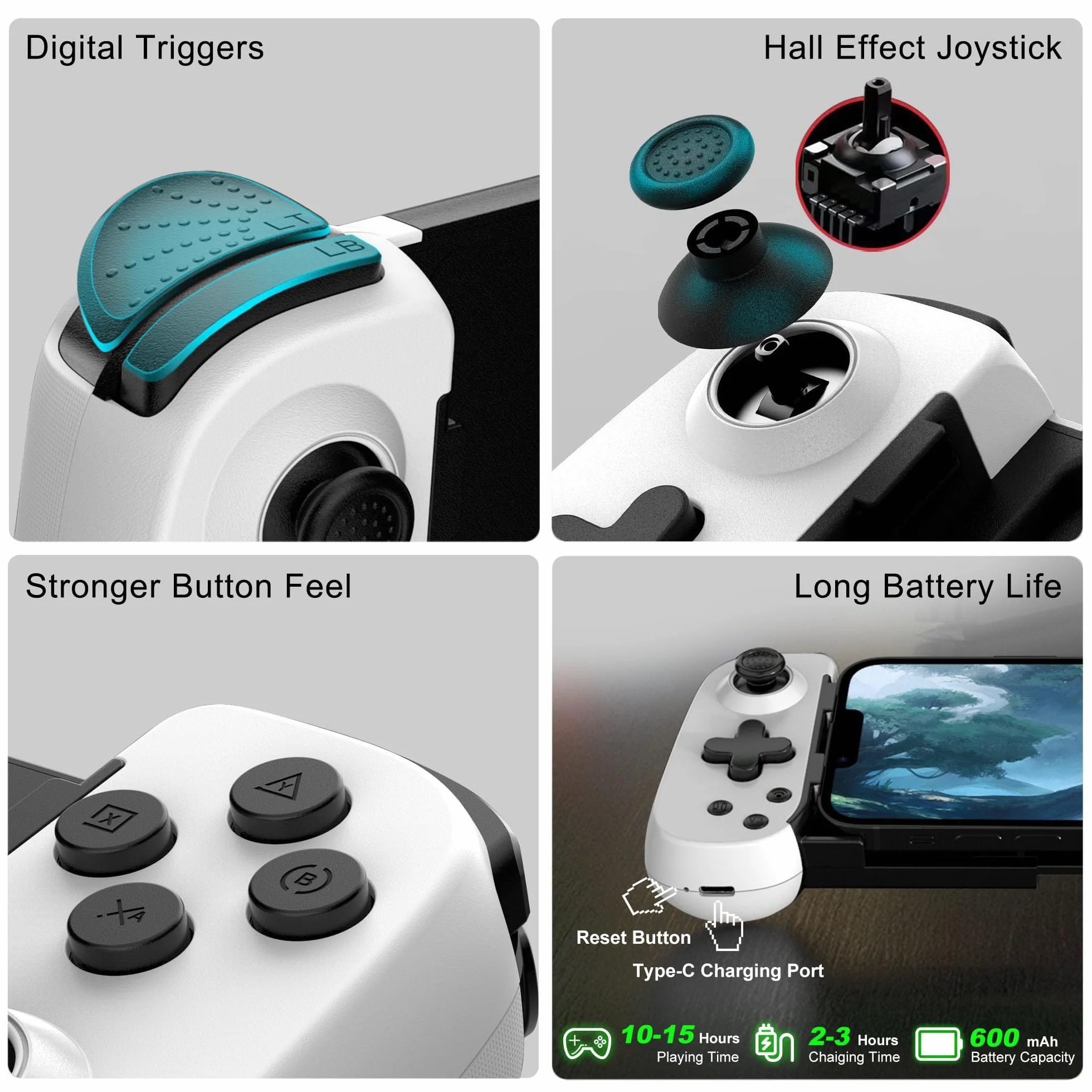 Joso Mobilny kontroler do gier do iPhone/Android/PC/Switch/PS4/PS3, Bluetooth Gamepad Joystick z turbo/6-osiowym żyro/ wibracjami, Play Call of Duty, Roblox, Genshin Impact, Cloud Gaming, gra zdalna