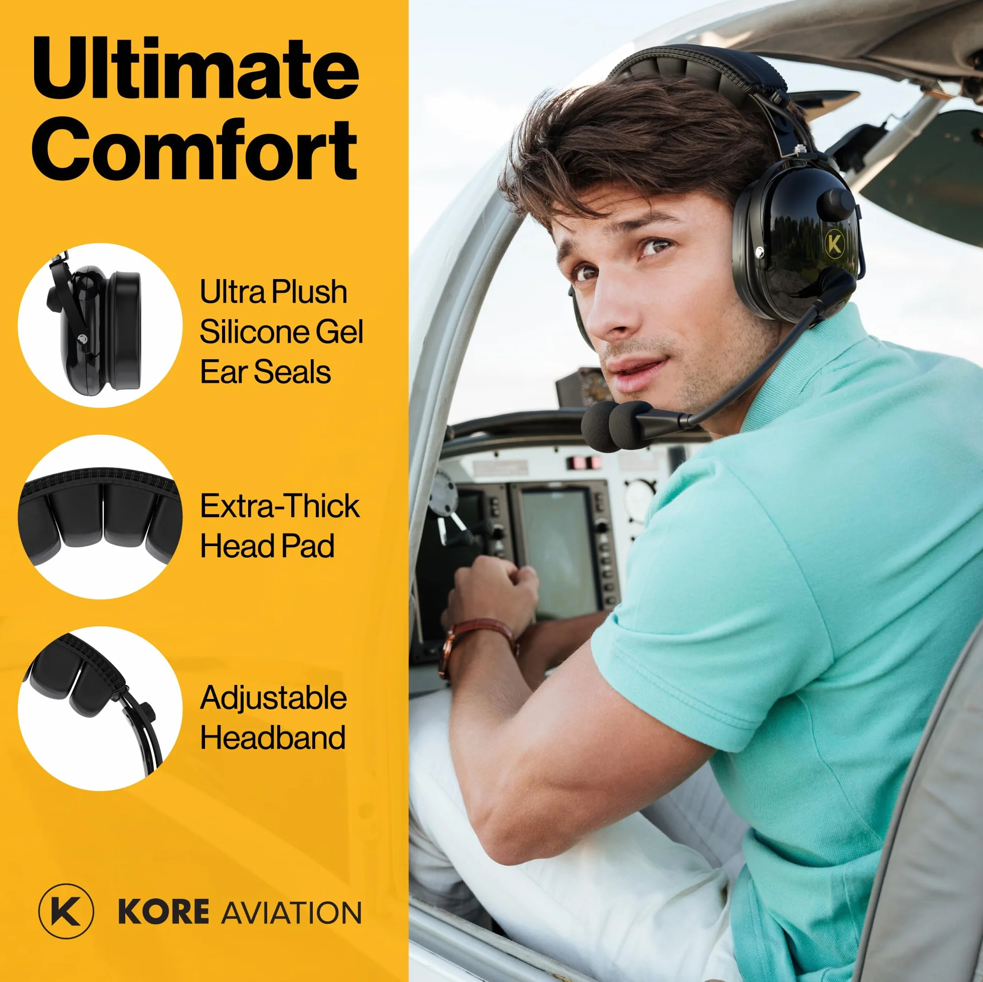 KA-1 General Aviation Headset for Pilots - Mono i Stereo Comp., pasywny hałas czerwony, mikrofon z redukcją szumów, żelowe uszczelki uszne, opaska na głowę i torba