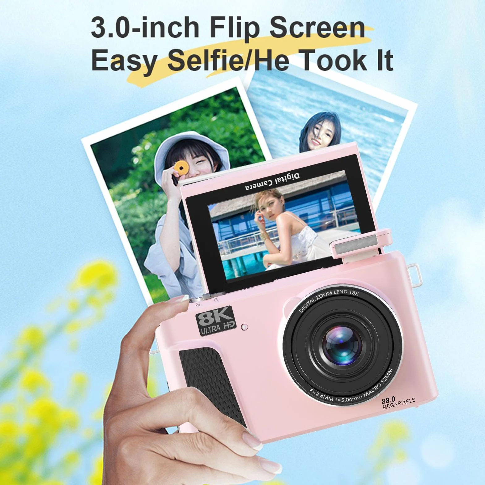 Vikye Cyfrowy Aparat Fotograficzny 8K do Fotografii, Aparat do Vlogowania 88 MP dla Początkujących Podróżujących z 3-calowym Ekranem Odchylanym o 180°, Kompaktowe Aparaty Podróżne 18X (PINK)