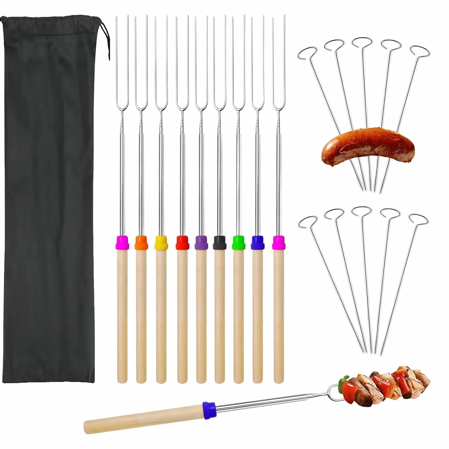 Teleskopowe widelce do tostów, zestaw widelców do tostów piankowych, widelec 31-81 cm, wysuwany widelec, teleskopowe szpikulce do grilla, na kemping, ognisko, kominek, piknik, 10 szt
