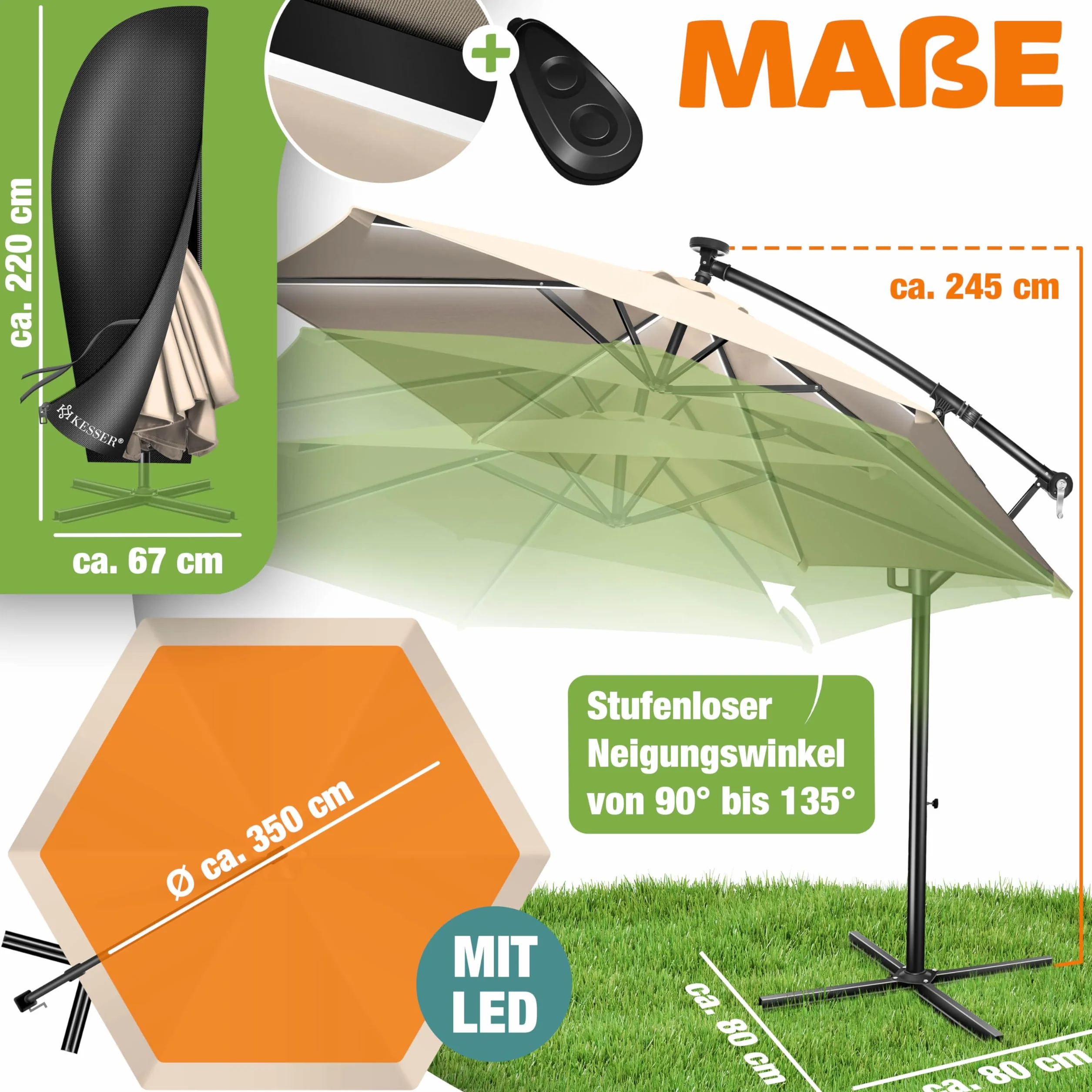 KESSER® Aluminiowy parasol przeciwsłoneczny LED solarny z pokrywą, pilot zdalnego sterowania i korbą, parasol korbowy ze stojakiem, funkcja 360°, ochrona przed promieniowaniem UV, aluminium, odporny