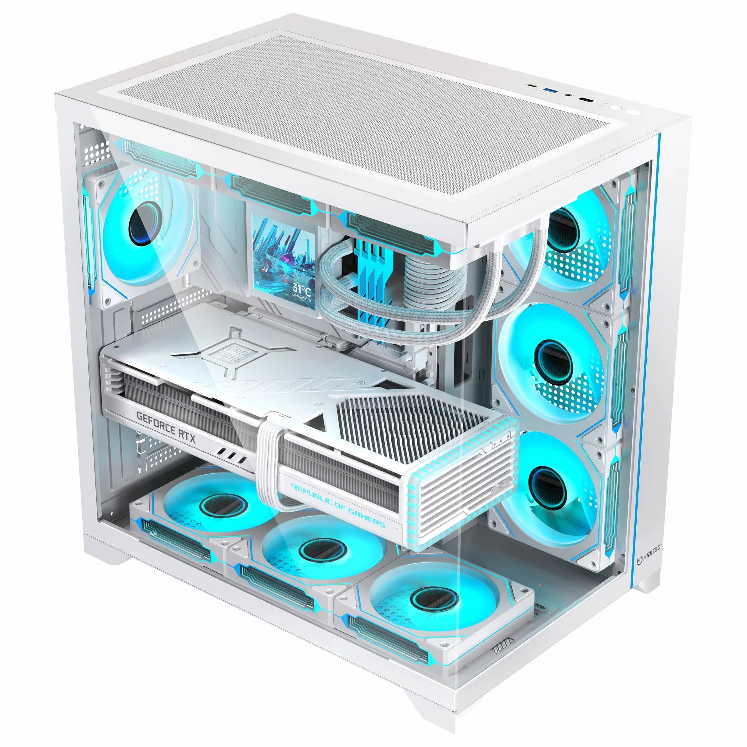 Hiditec Obudowa komputera ATX PC Gaming H3, złącze USB Type-C,1x12cm wentylator ARGB, kontroler ARGB, kompatybilny BTF, ATX i micro ATX, podwozie z systemem podwójnej kamery, do 10 wentylatorów 120 mm