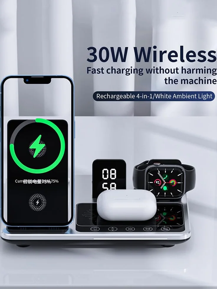 Ładowarka bezprzewodowa 4 w 1 z podstawą, szybkie ładowanie 15W, wielofunkcyjna stacja do ładowania telefonów, smartfonów i słuchawków, z wyświetlaczem cyfrowym i jasnym paskiem świetlnym, stab