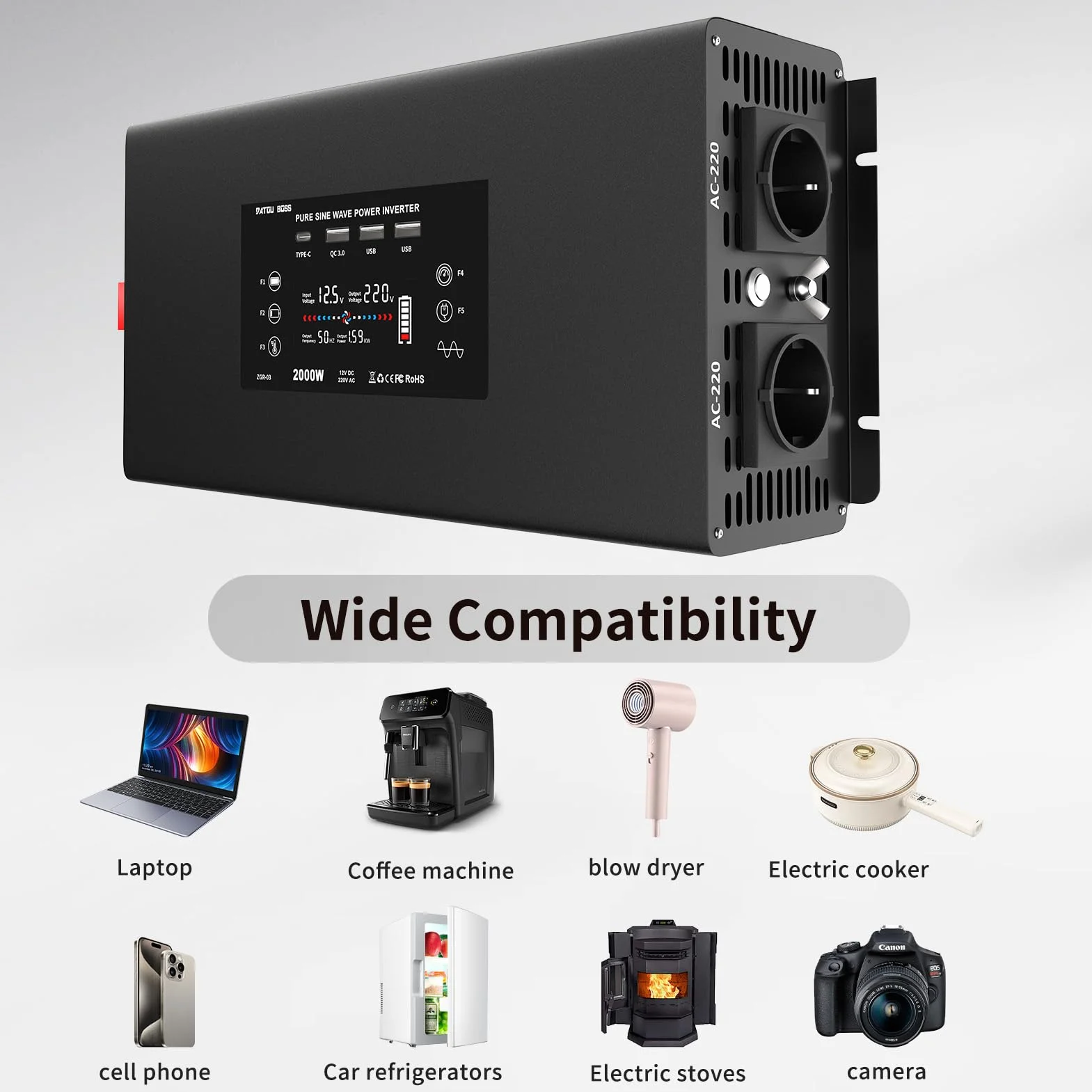 DATOUBOSS Przetwornica 12V 230V Czysty Sinus 2000W/4000W Falowniki z Wyświetlaczem LCD i Gniazdami AC Oraz 2×USB5V2.1A, QC3.0, Type-C