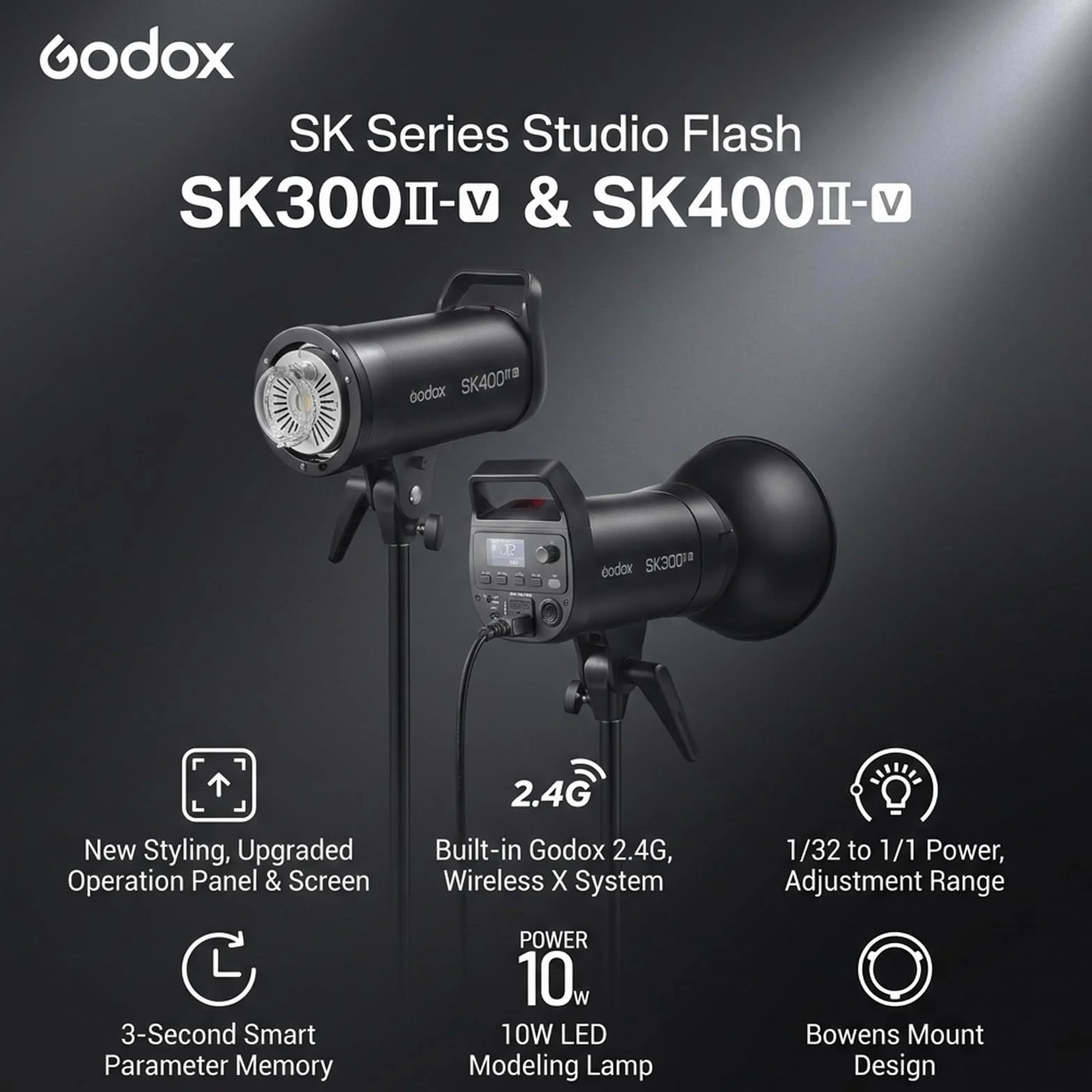 Godox SK400III-V lampa studyjna 400 Ws, GN65 5600K, profesjonalna lampa z LED 10 W do ustawiania światła, precyzyjna kontrola 1/32–1/1, wbudowany 2,4G X system, mocowanie Bowens do portretów
