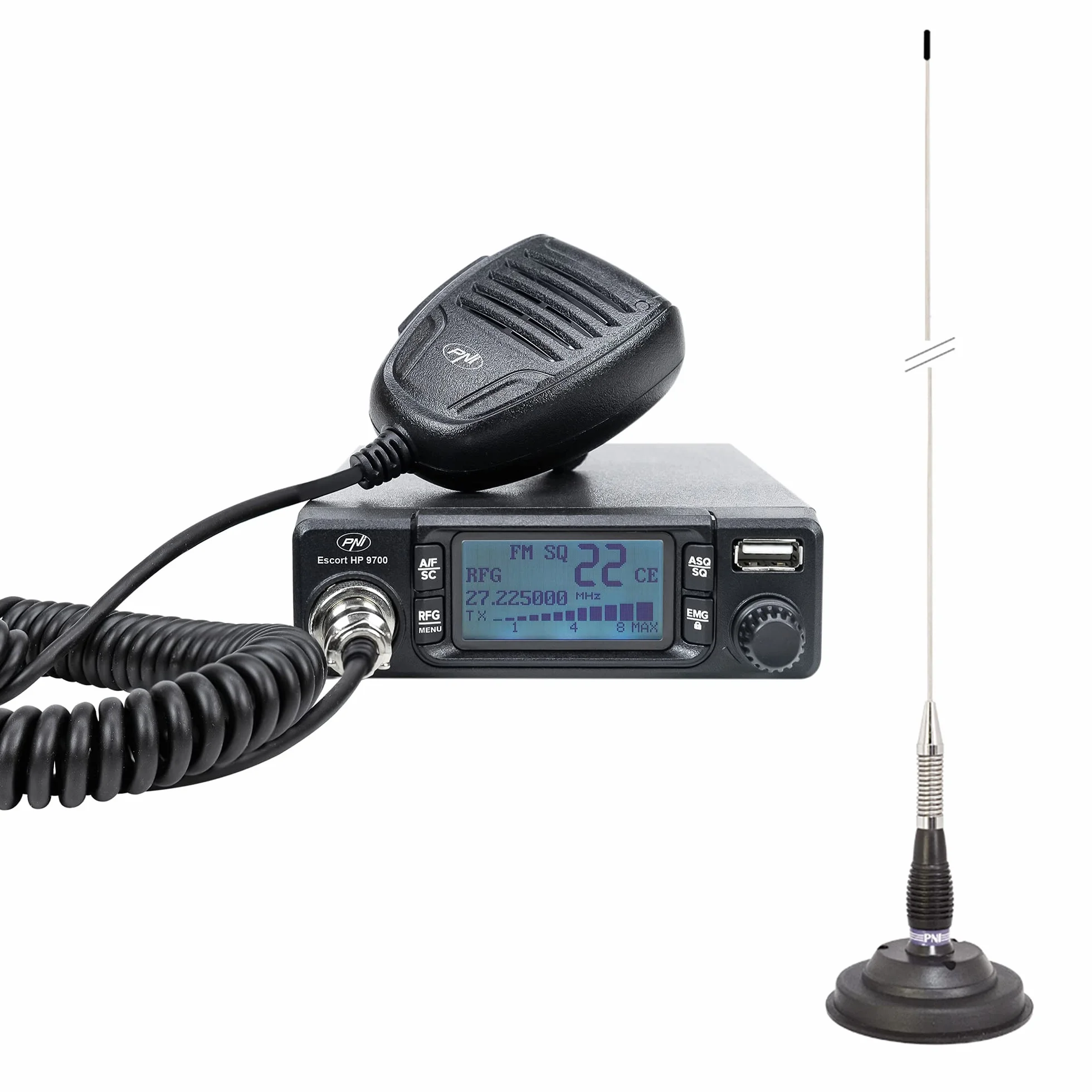 Zestaw stacji radiowej CB PNI Escort HP 9700 USB i antena CB PNI ML100 z podstawą magnetyczną