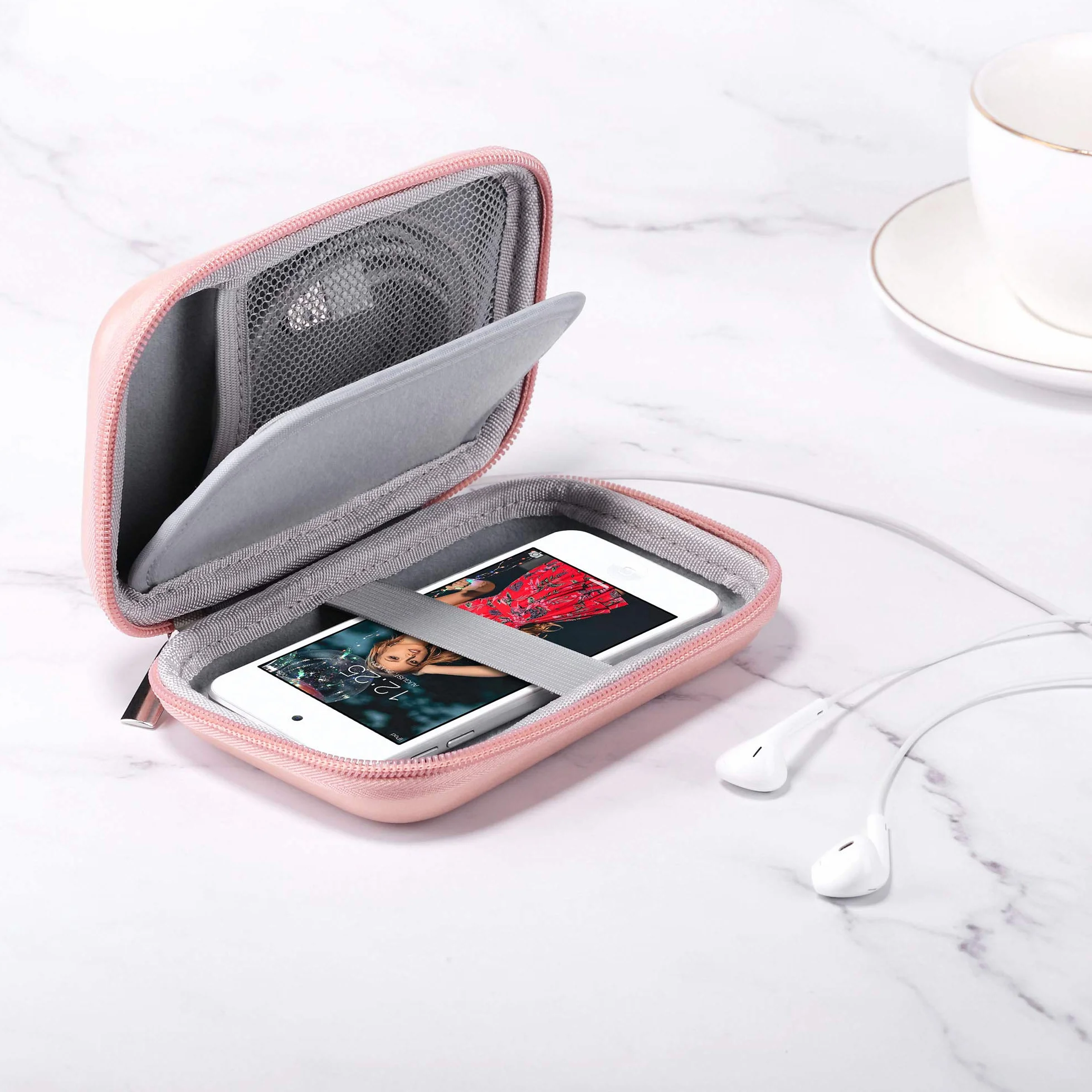 ULAK Organizer i ochrona etui do iPod Touch / Mp3 / Mp4 / słuchawki/klucz/kable USB /, nylonowe twarde etui ochronne z przenośnym karabinkiem przeciwwstrząsowym, różowe złoto