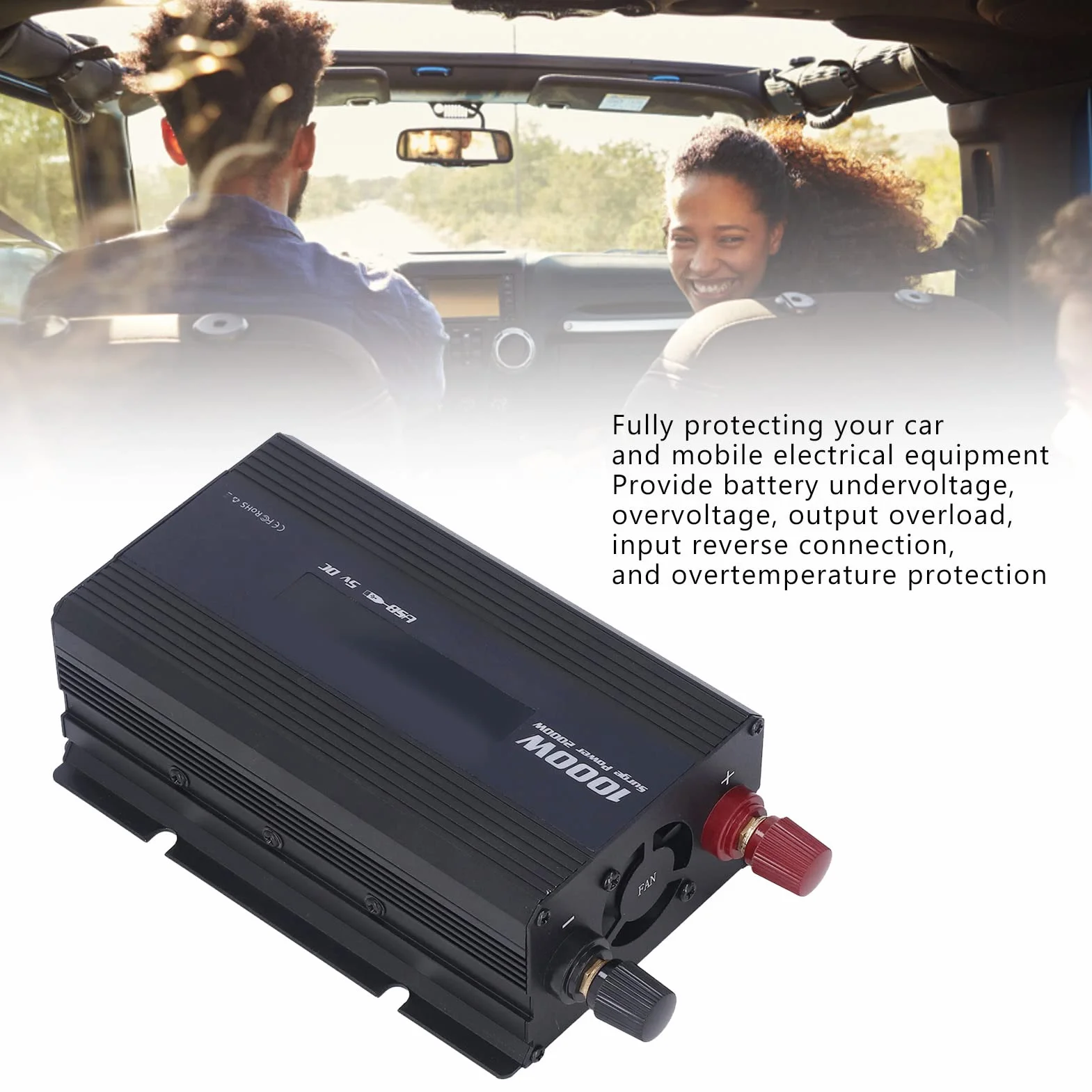 Ausla Przetwornica Samochodowa, Konwerter Prądu Stałego na Prąd Przemienny ze Stopu Aluminium 1000 W z Wyświetlaczem LED USB 5 V 2 A Wielokrotna Ochrona dla Samochodów Wycieczki Drogowe Kemping