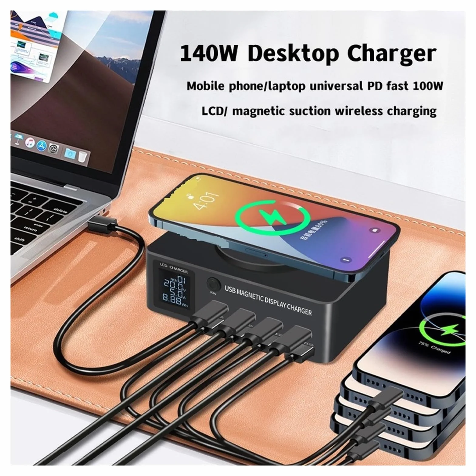 8-portowa Stacja Ładująca USB 140 W Typu C PD QC3.0 Wieloportowa Szybka Ładowarka Z Wyświetlaczem Bezprzewodowa 15 MożLiwość Szybkiego łAdowania