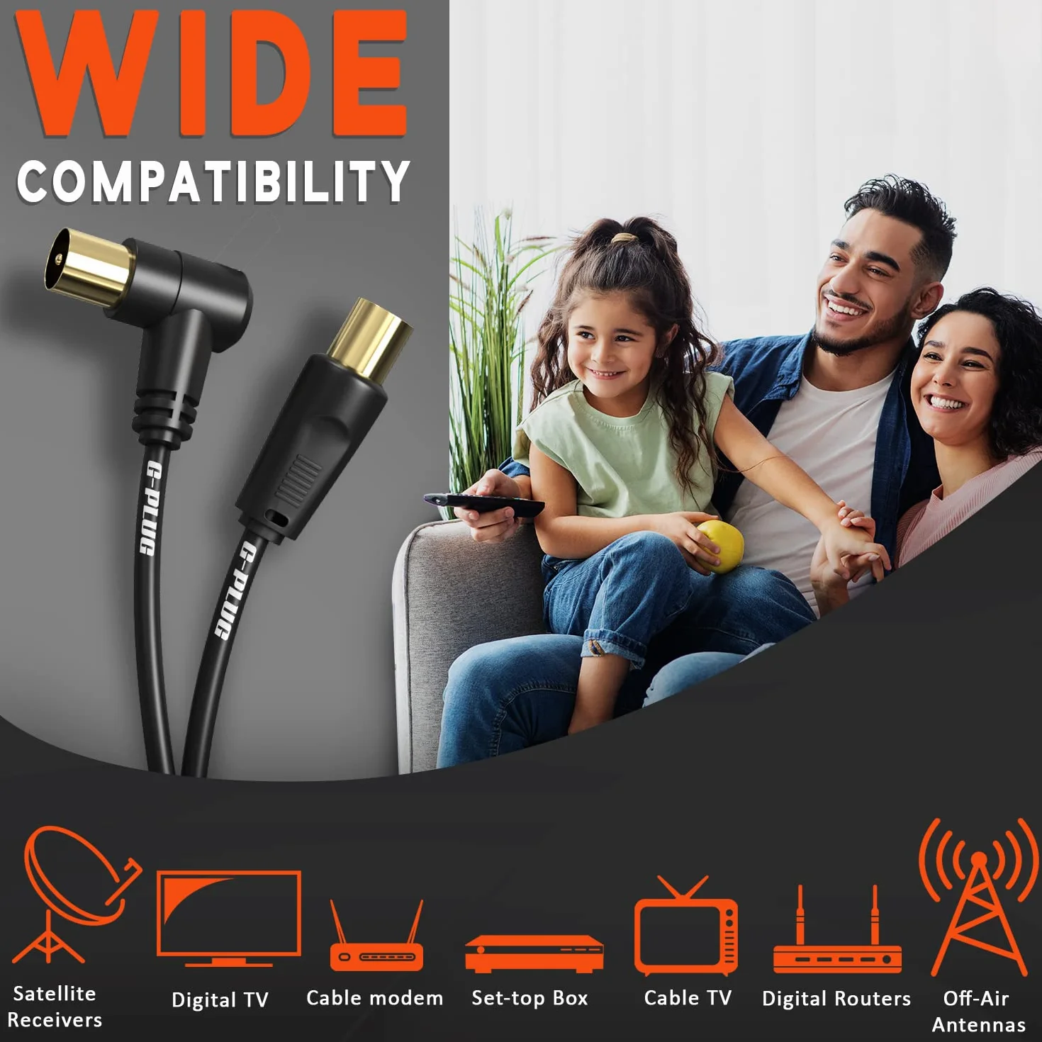 G-PLUG 1.5m kabel antenowy TV z adapterem RF i kątową wtyczką – kabel koncentryczny wtyk-wtyk, pozłacany – przedłużacz do telewizora, tunera DVB-T2, dekodera satelitarnego