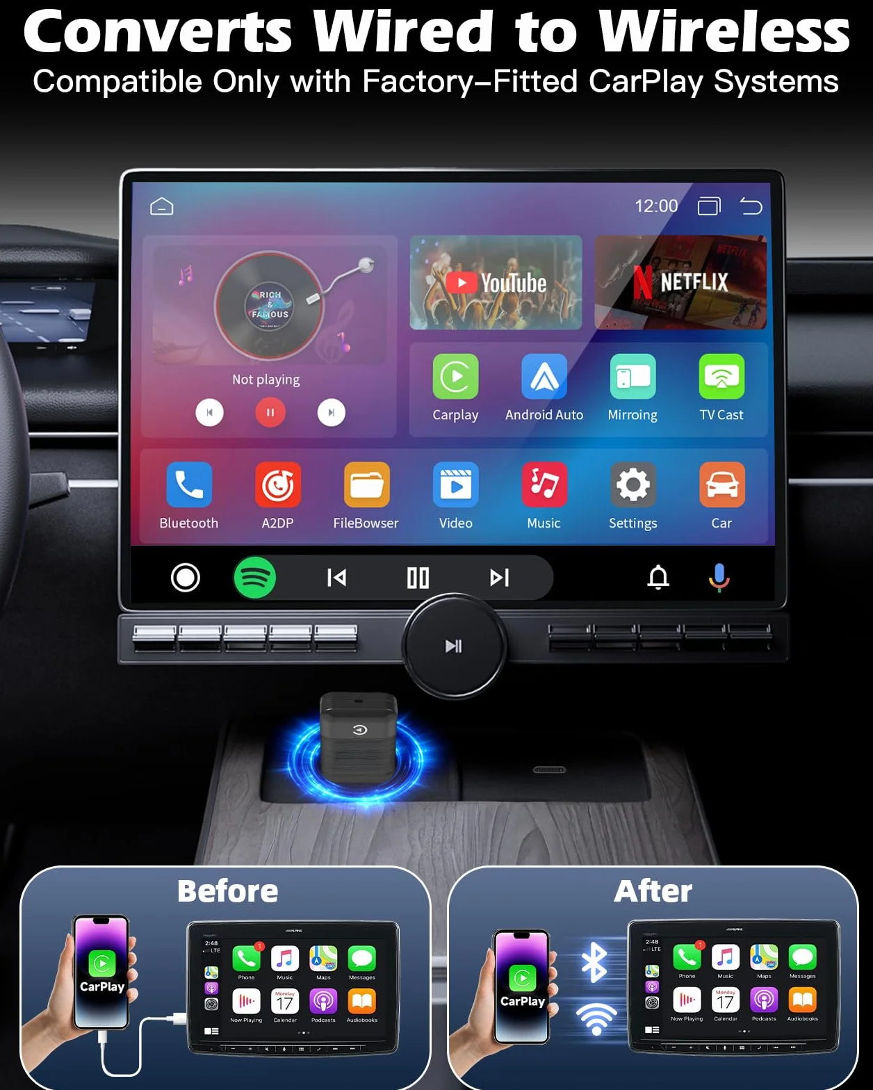 Lullu Bezprzewodowy adapter Carplay 2026, kompatybilny z iPhone iOS 10+ | Ulepszony konwertuje przewodowy na bezprzewodowy, USB/typ C, Plug & Play, Bluetooth Mini Carplay Stick i Auto 2016+