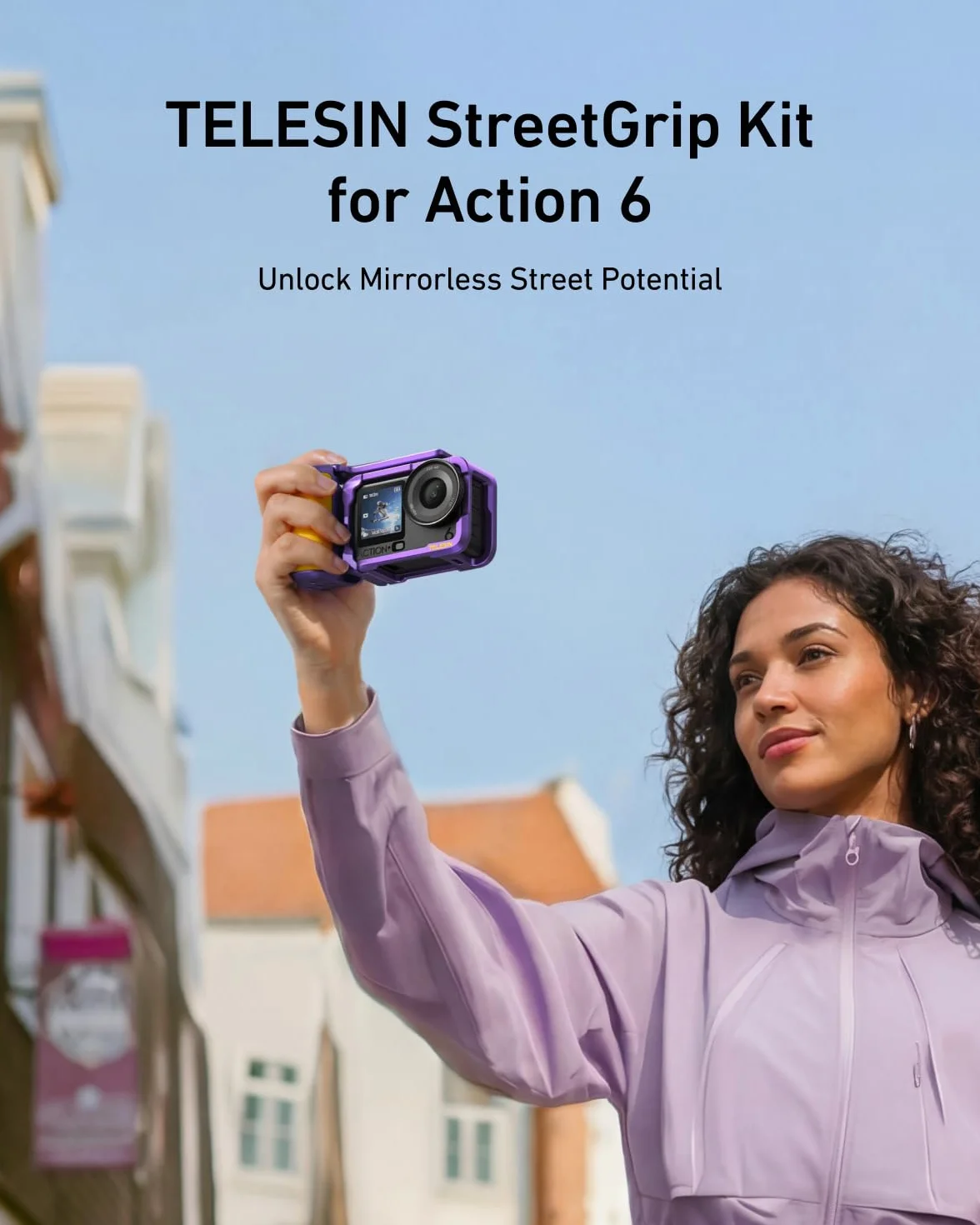 TELESIN Zestaw uchwytów ulicznych ze stopu aluminium do DJI Action 6 z metalową klatką, uchwytem kamery z przyciskiem migawki ze stopu aluminium, kopia zapasowa, gniazdo na kartę TF (opalizujący