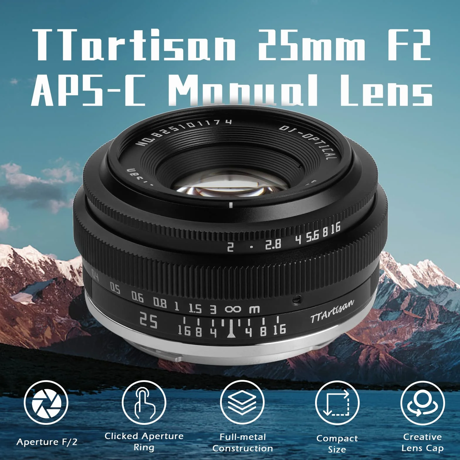 TTartisan 25 mm F2 szerokokątna ręczna soczewka, kompatybilna z MFT M4/3-Mount bezlusterkowa epm1 emp2 E-PL1 E-PL2 E-PL3 E-PL5 E-PL6 G2 G3 G5 G6 G7 G9 GH1 GH2 GH3 GH4 GH5S